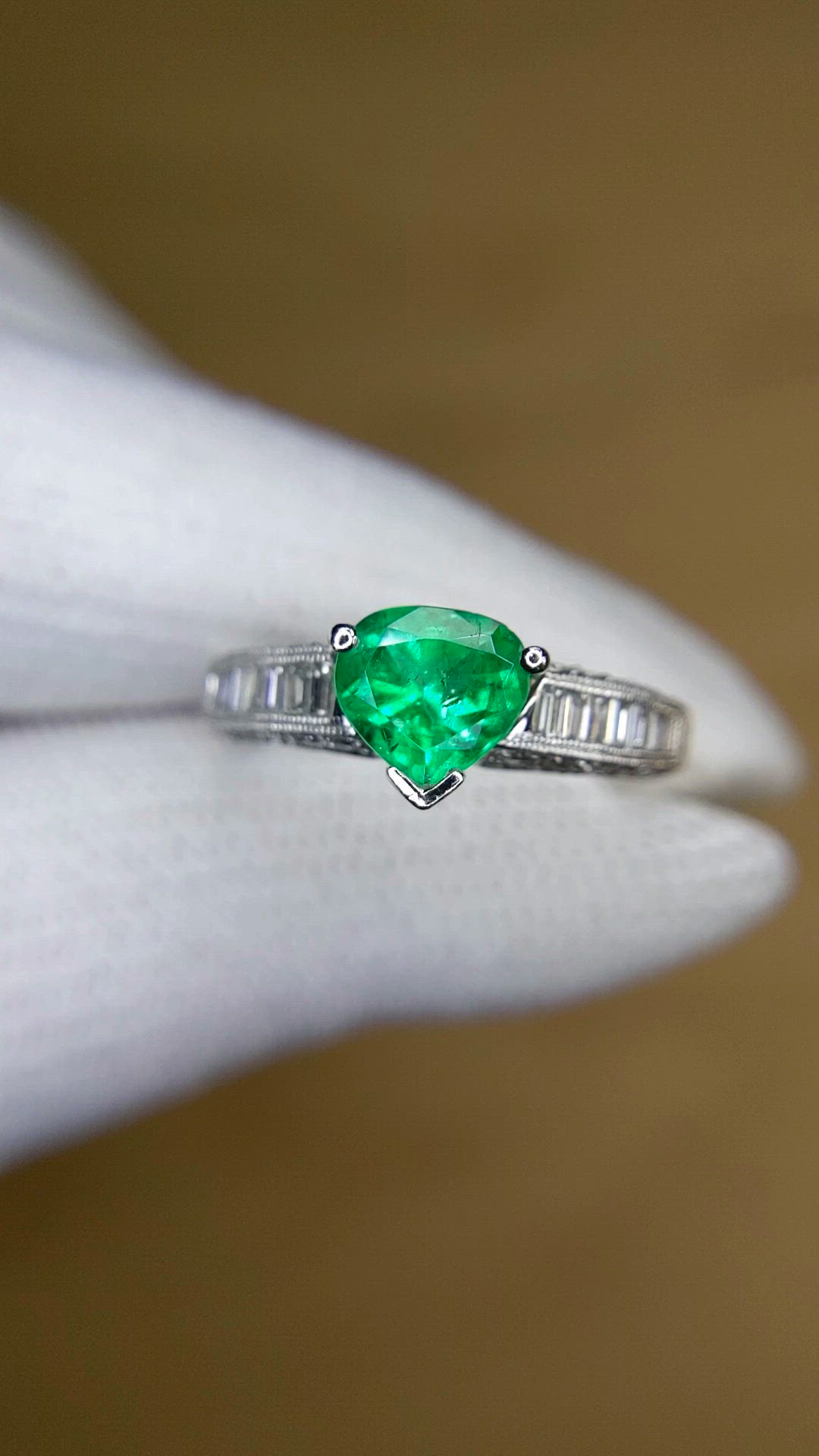 0.96 Ct. Emerald and Natural Diamond Pave Ring, Platinum 950 Size Video