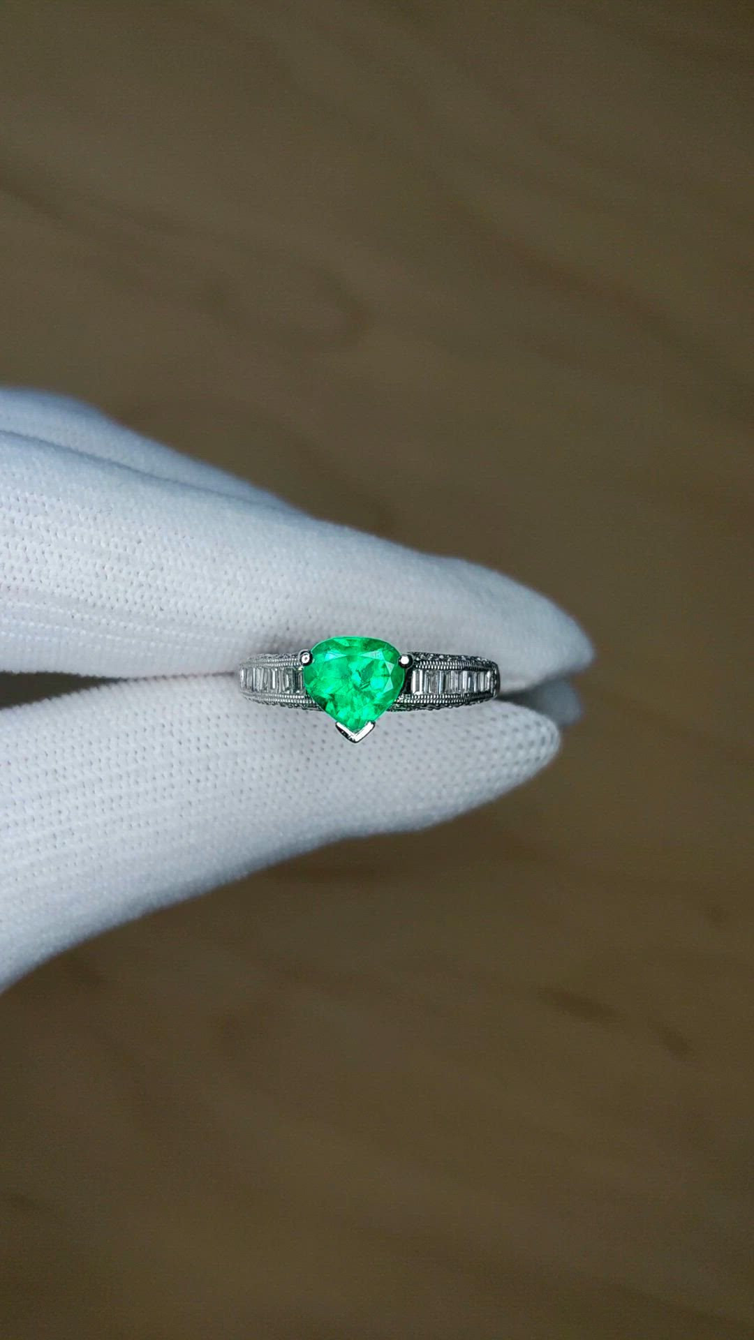 0.96 Ct. Emerald and Natural Diamond Pave Ring, Platinum 950 Size Video