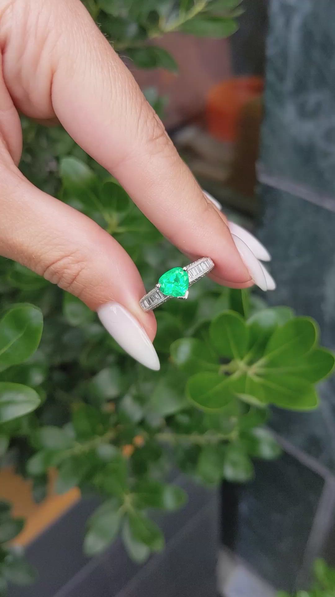 0.96 Ct. Emerald and Natural Diamond Pave Ring, Platinum 950 Size Video