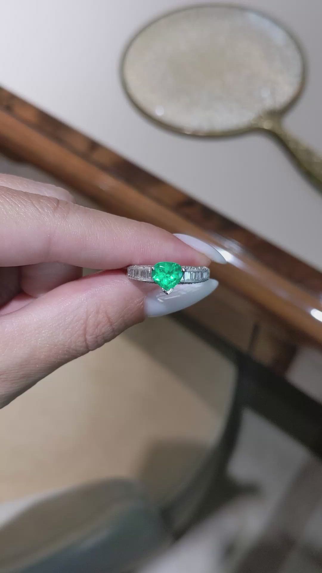 0.96 Ct. Emerald and Natural Diamond Pave Ring, Platinum 950 Size Video