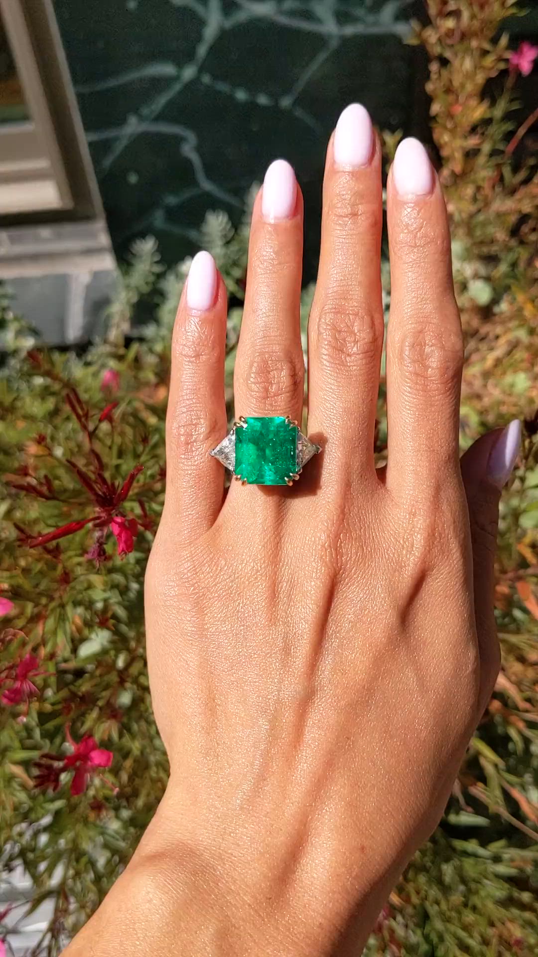 12.16 Ct. Emerald and Natural Diamond Three Stone Ring, 18K White & Yellow Size Video