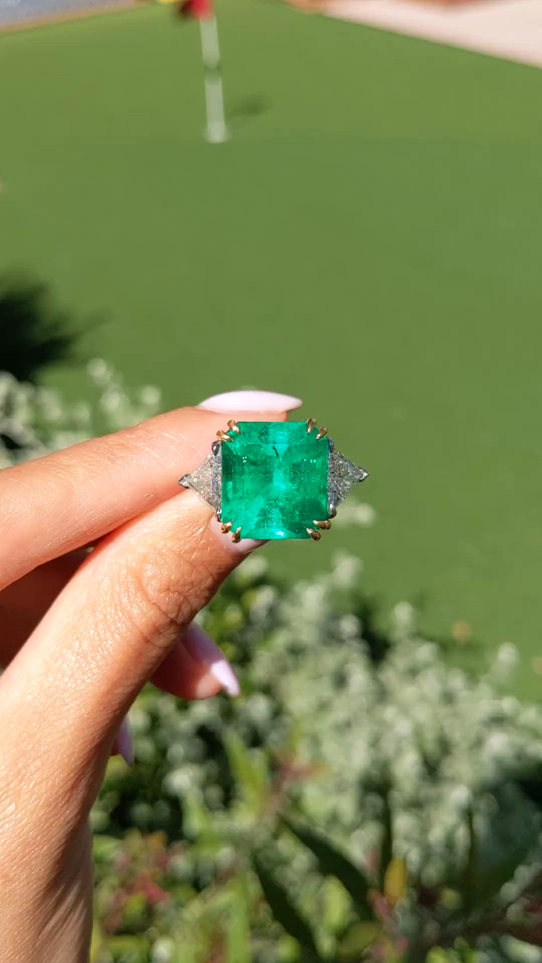 12.16 Ct. Emerald and Natural Diamond Three Stone Ring, 18K White & Yellow Size Video