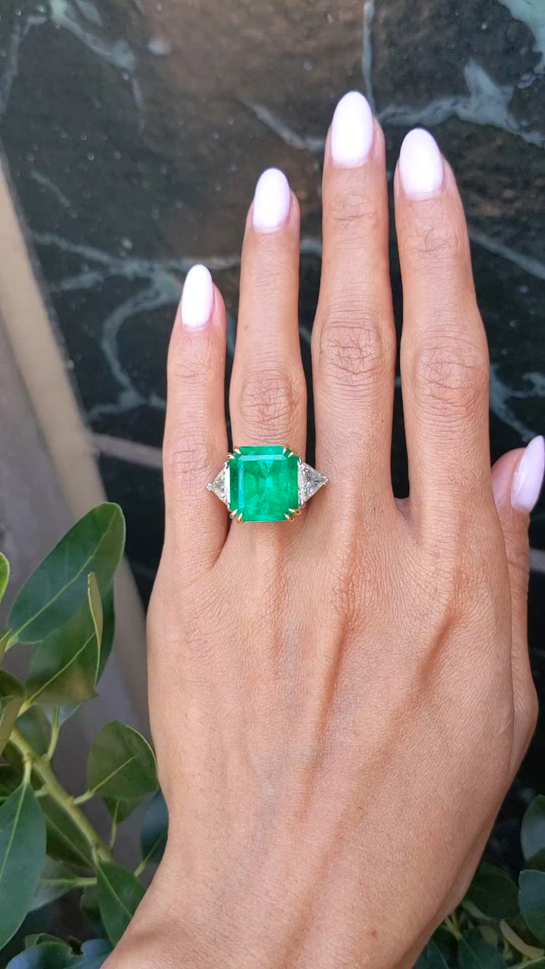 12.16 Ct. Emerald and Natural Diamond Three Stone Ring, 18K White & Yellow Size Video