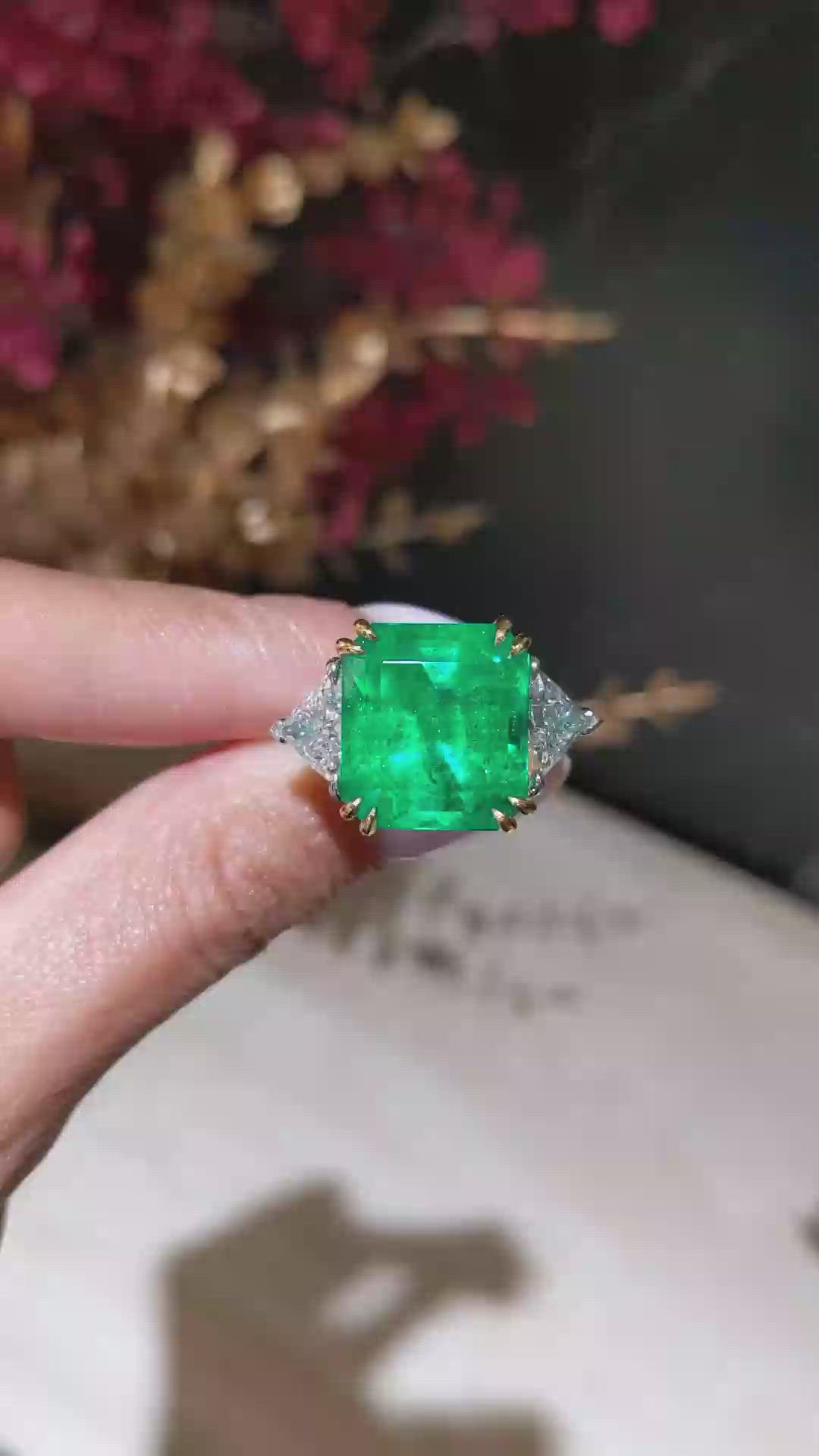 12.16 Ct. Emerald and Natural Diamond Three Stone Ring, 18K White & Yellow Size Video