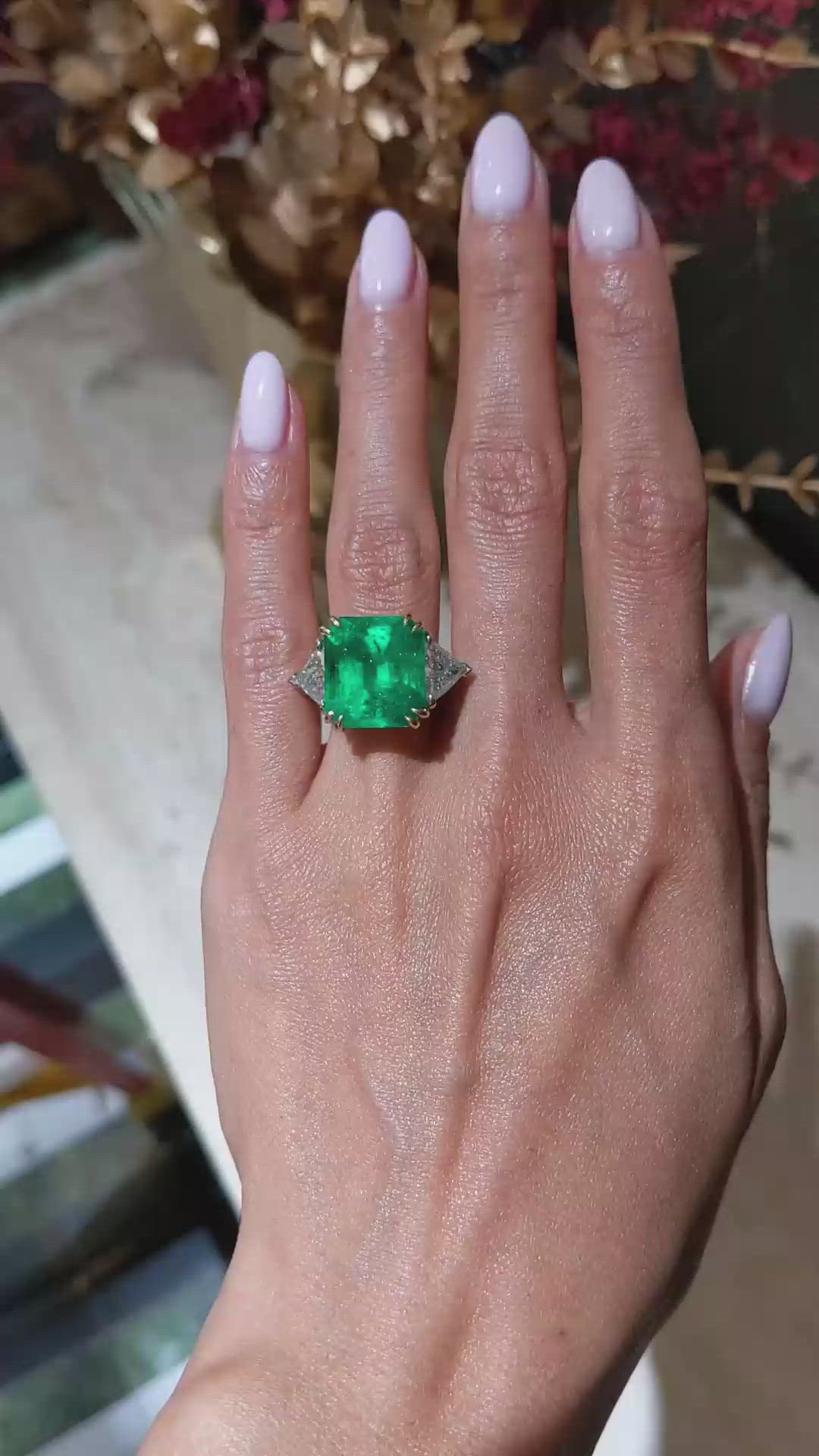 12.16 Ct. Emerald and Natural Diamond Three Stone Ring, 18K White & Yellow Size Video