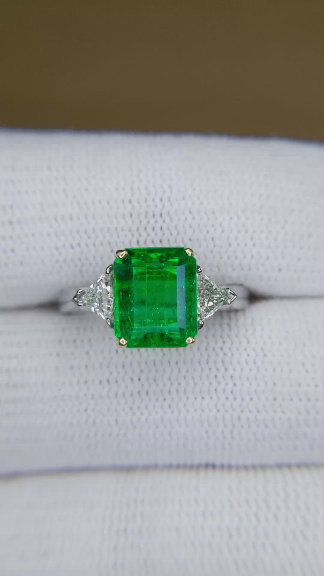 1.82 Ct. Emerald and Natural Diamond Three Stone Ring, Platinum & 14K Yellow Size Video