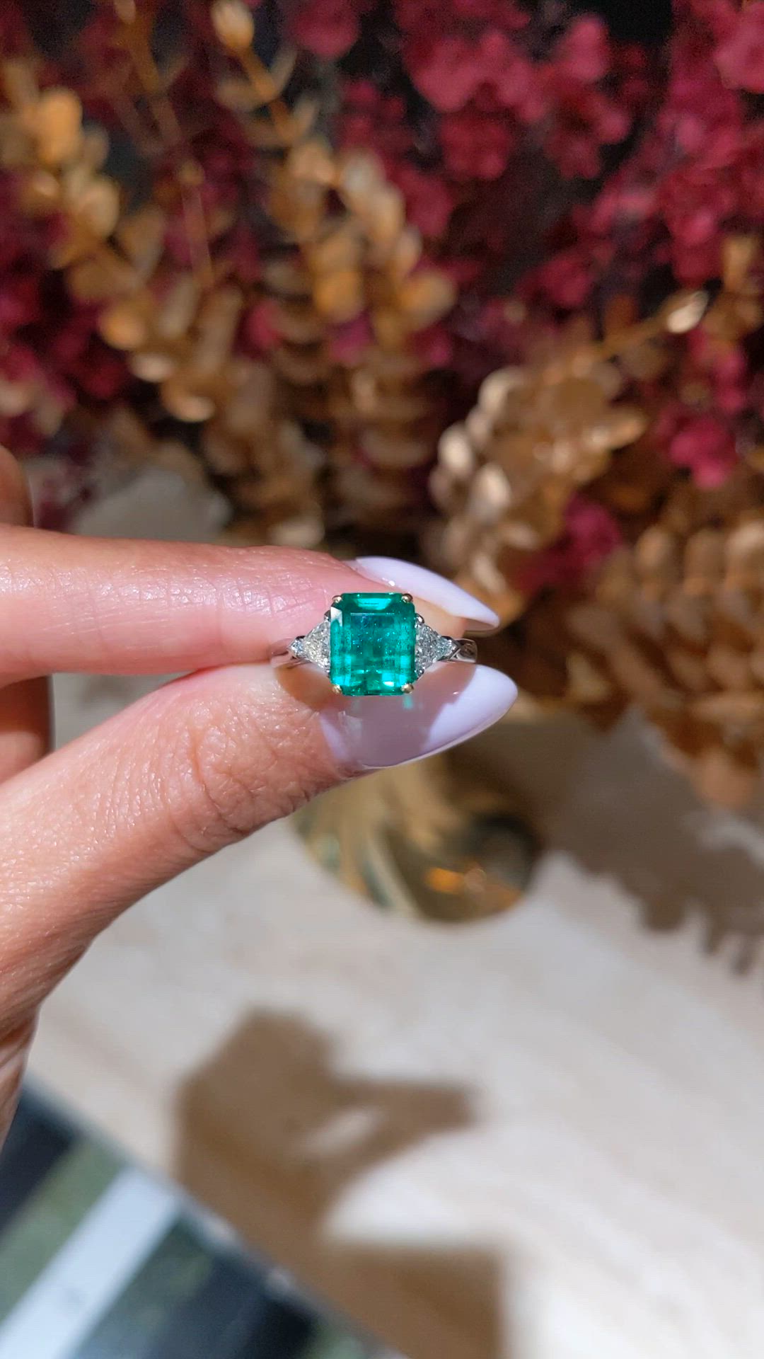 1.82 Ct. Emerald and Natural Diamond Three Stone Ring, Platinum & 14K Yellow Size Video