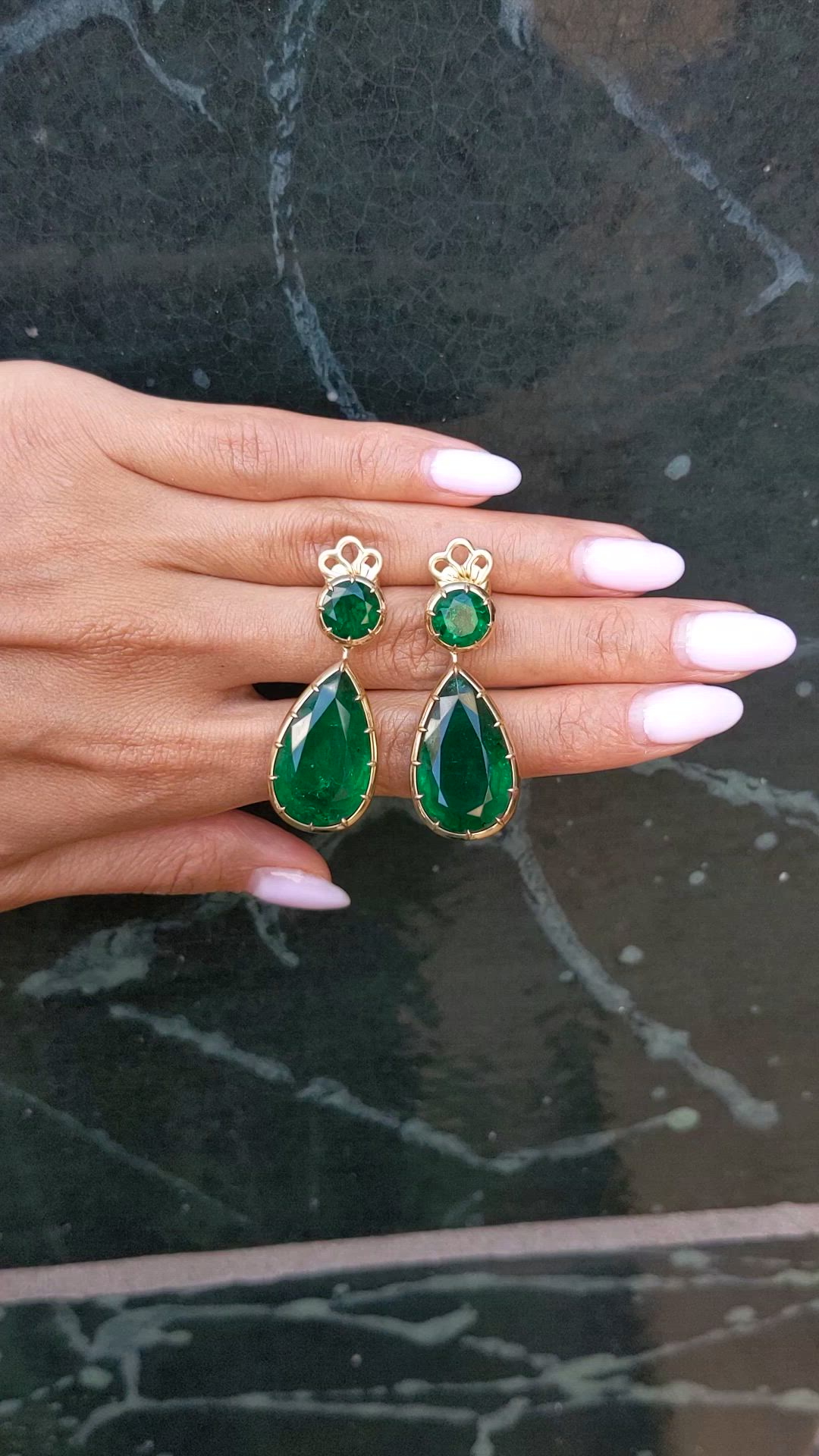 32.95 Ct.Tw.Total Carat Weight Emerald Drops Earrings, 18K Yellow Gold Size Video