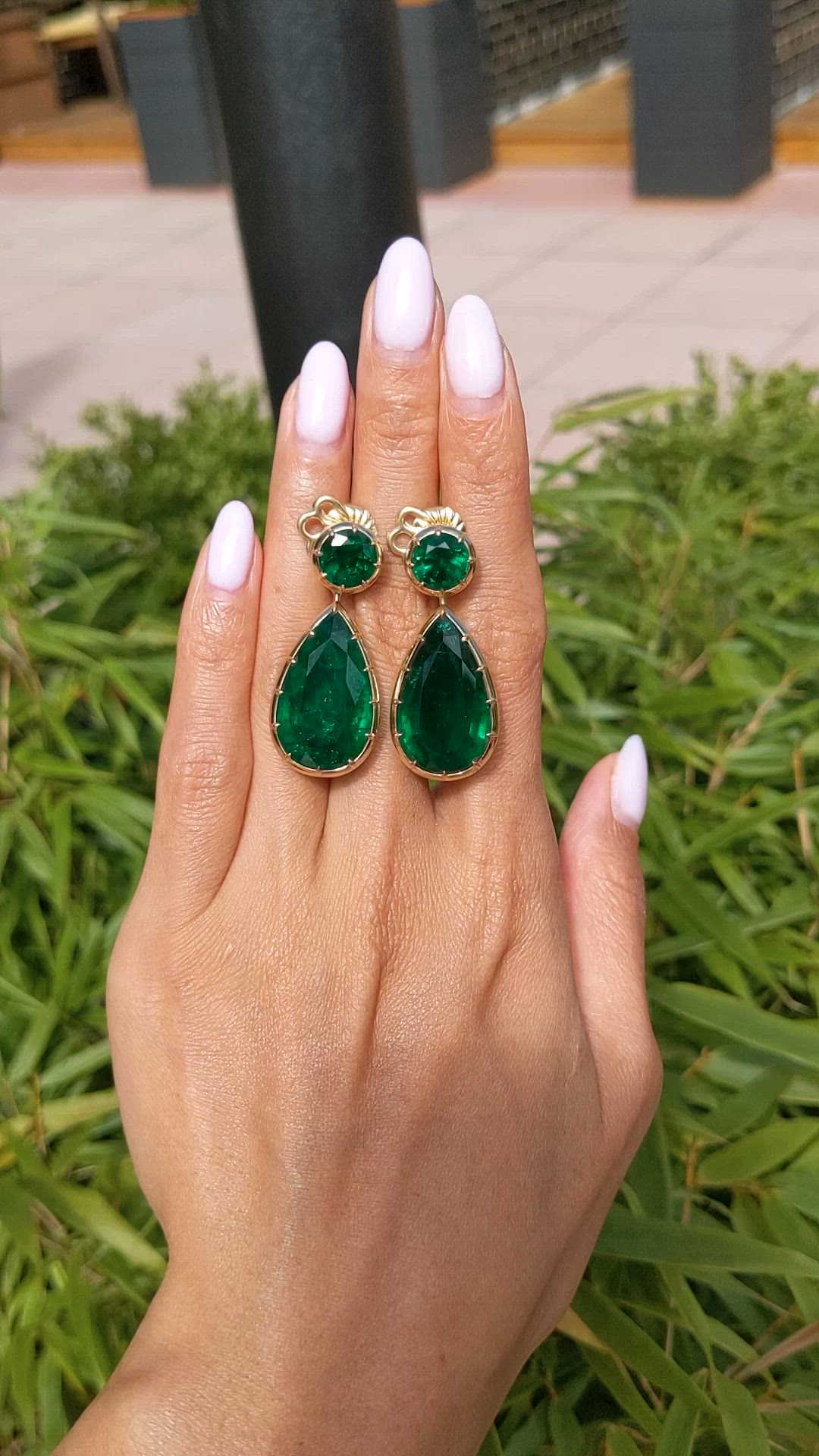 32.95 Ct.Tw.Total Carat Weight Emerald Drops Earrings, 18K Yellow Gold Size Video