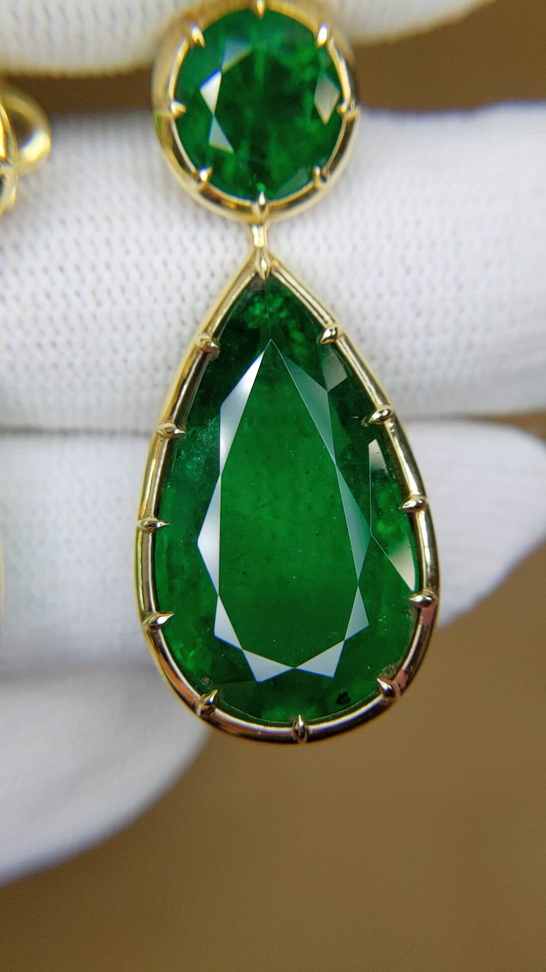 32.95 Ct.Tw.Total Carat Weight Emerald Drops Earrings, 18K Yellow Gold Size Video