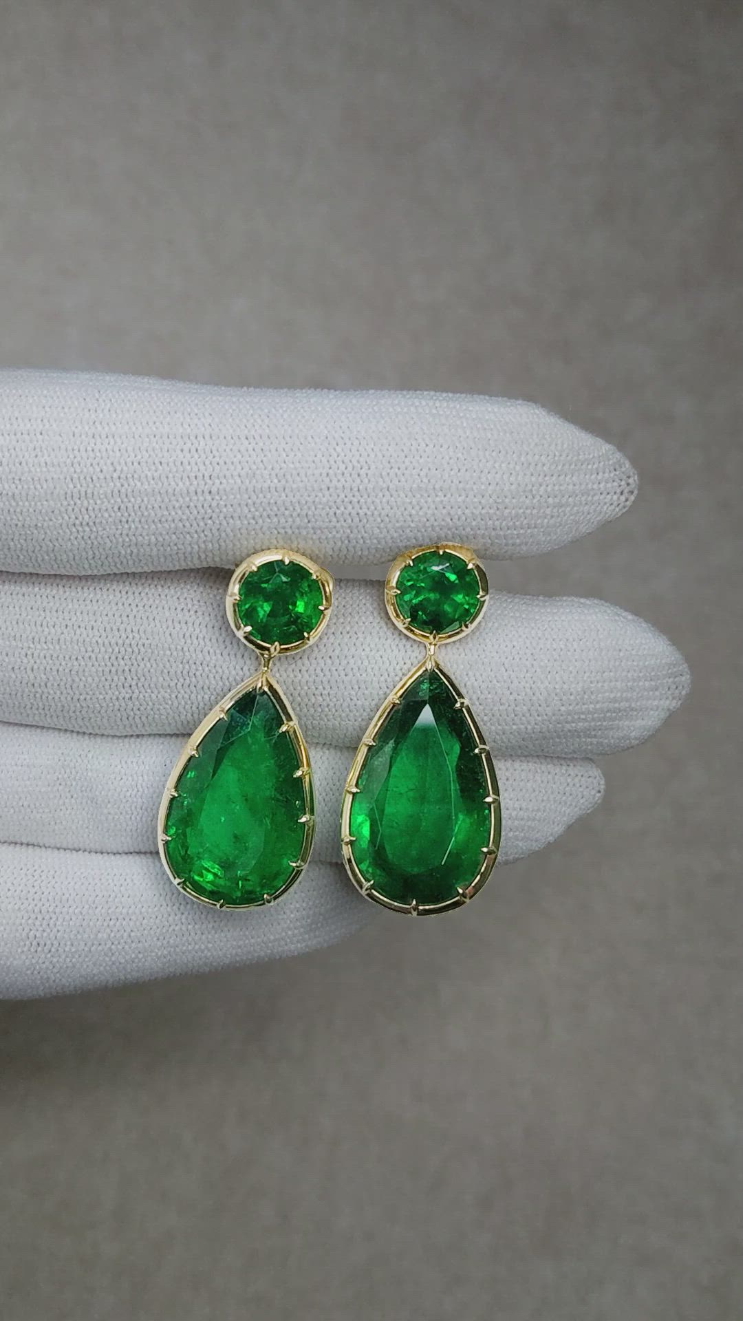 32.95 Ct.Tw.Total Carat Weight Emerald Drops Earrings, 18K Yellow Gold Size Video
