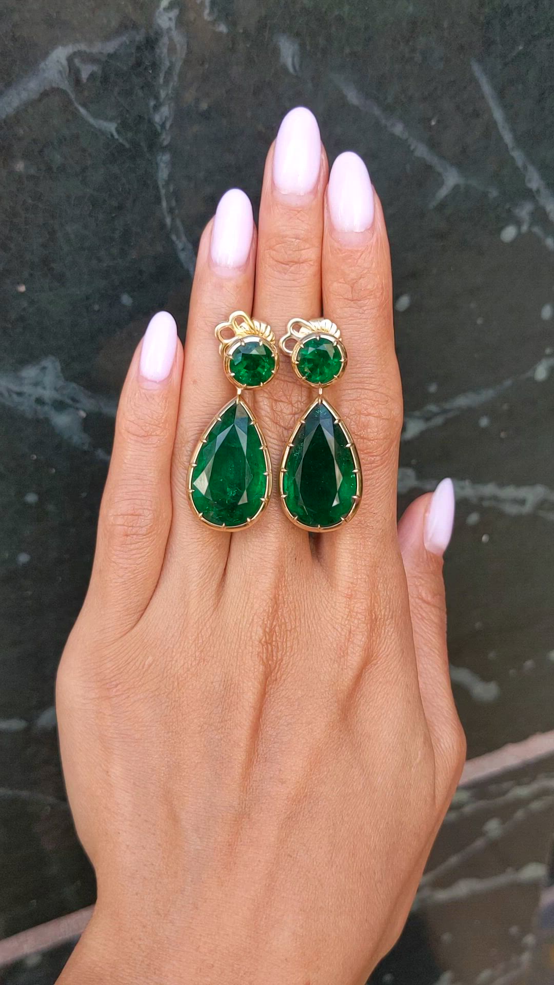 32.95 Ct.Tw.Total Carat Weight Emerald Drops Earrings, 18K Yellow Gold Size Video