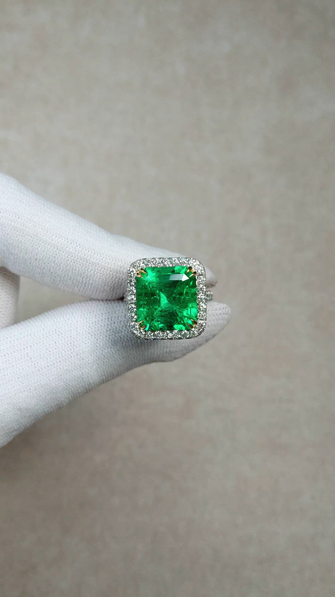 8.46 Ct. Emerald and Natural Diamond Pave Ring, Platinum & 18K Yellow Size Video