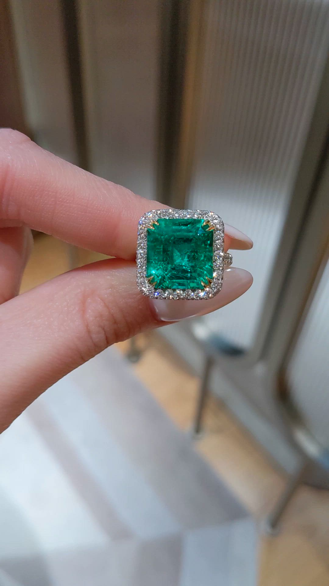 8.46 Ct. Emerald and Natural Diamond Pave Ring, Platinum & 18K Yellow Size Video