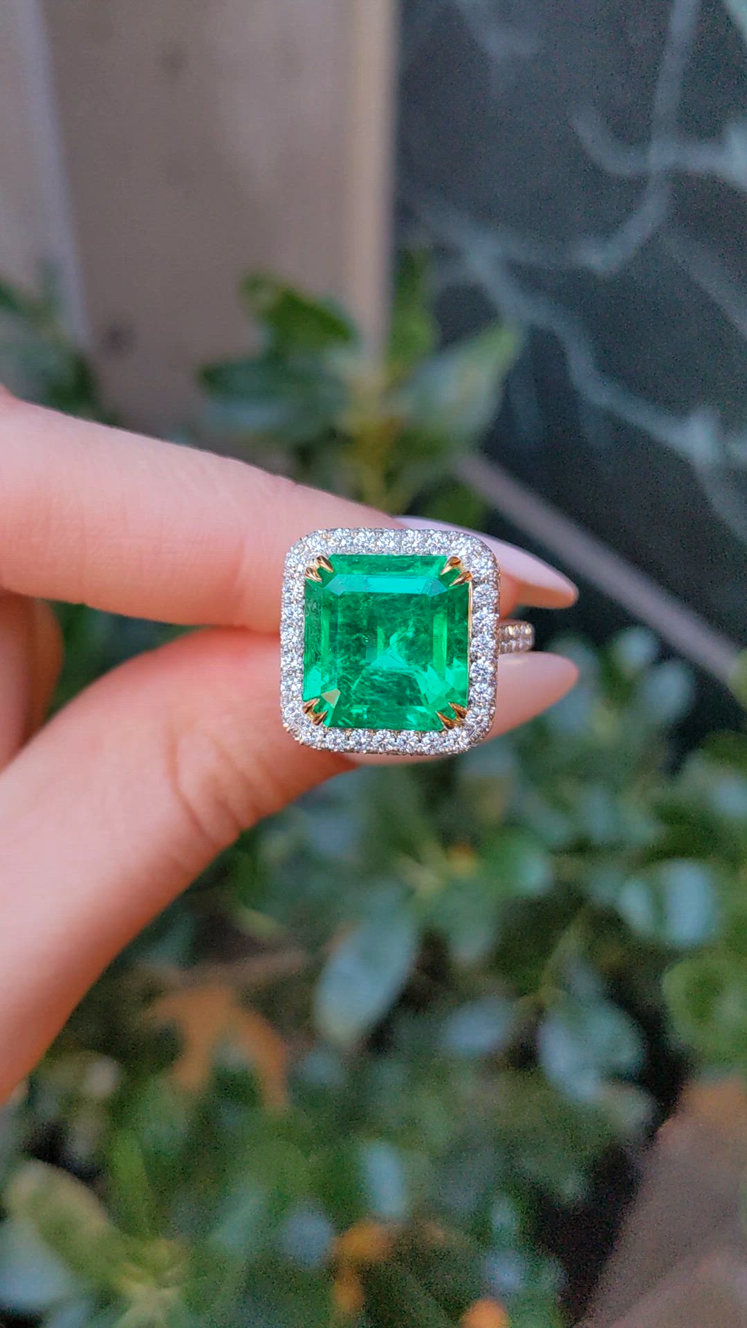 8.46 Ct. Emerald and Natural Diamond Pave Ring, Platinum & 18K Yellow Size Video
