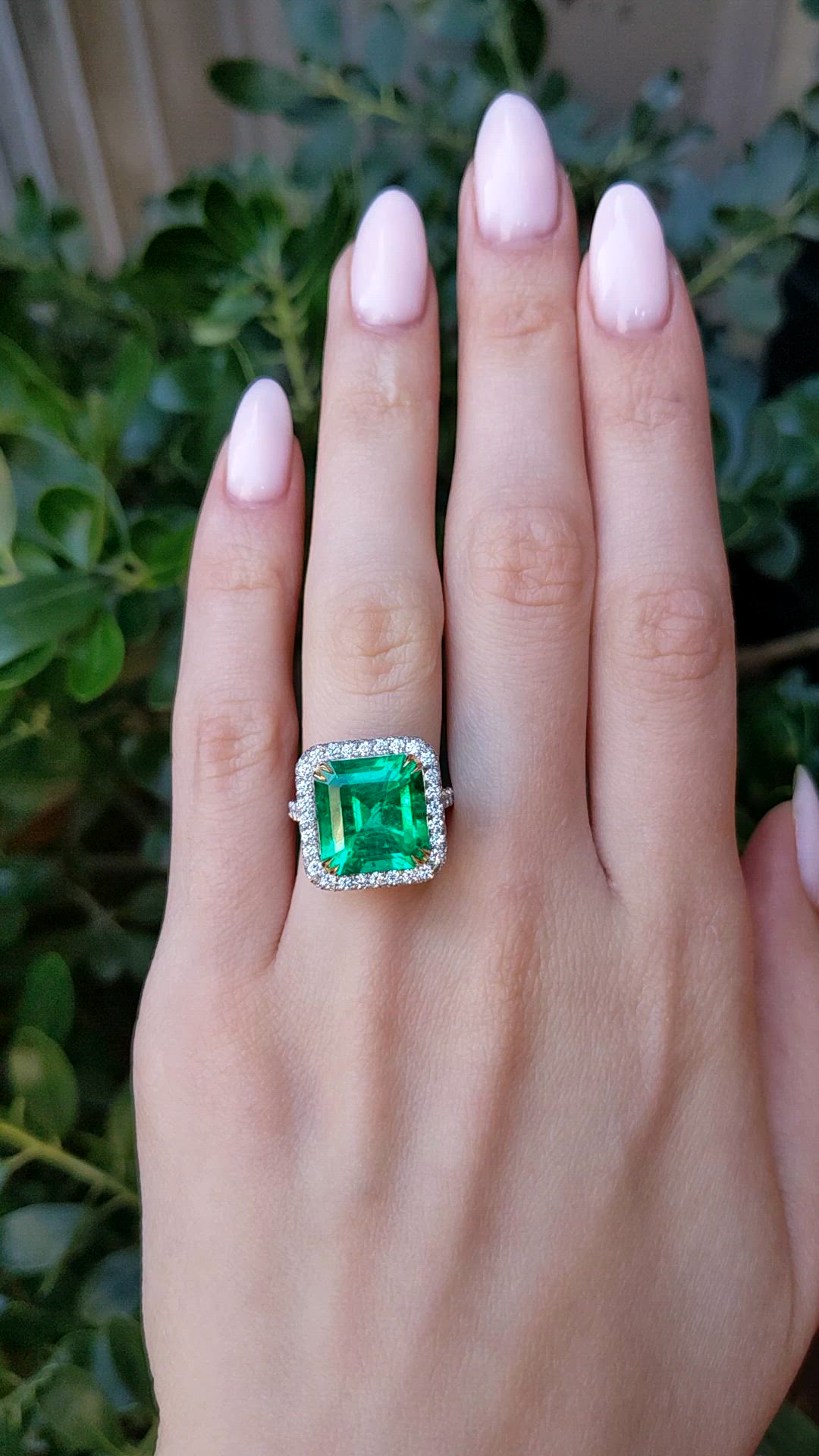 8.46 Ct. Emerald and Natural Diamond Pave Ring, Platinum & 18K Yellow Size Video