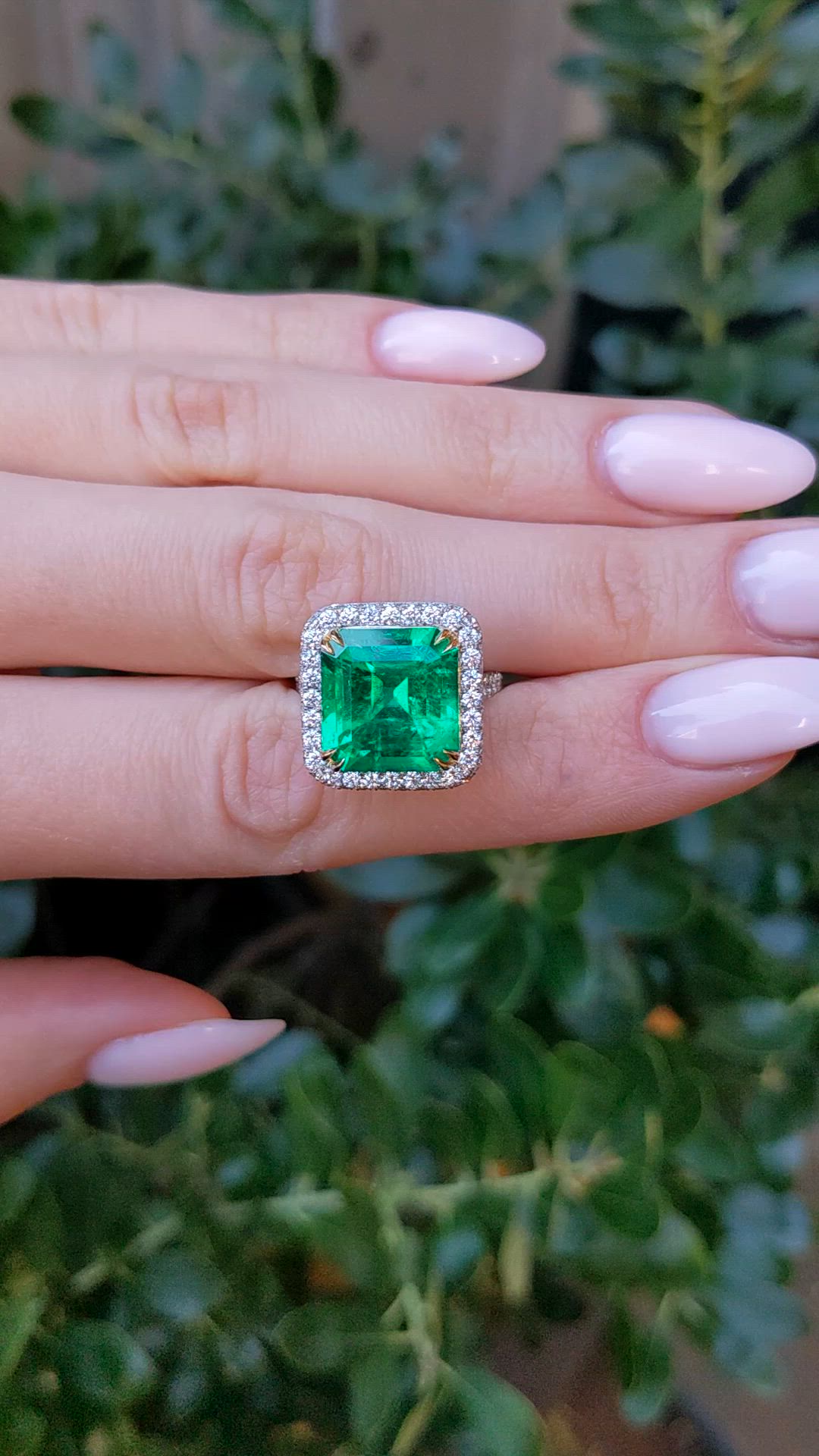 8.46 Ct. Emerald and Natural Diamond Pave Ring, Platinum & 18K Yellow Size Video