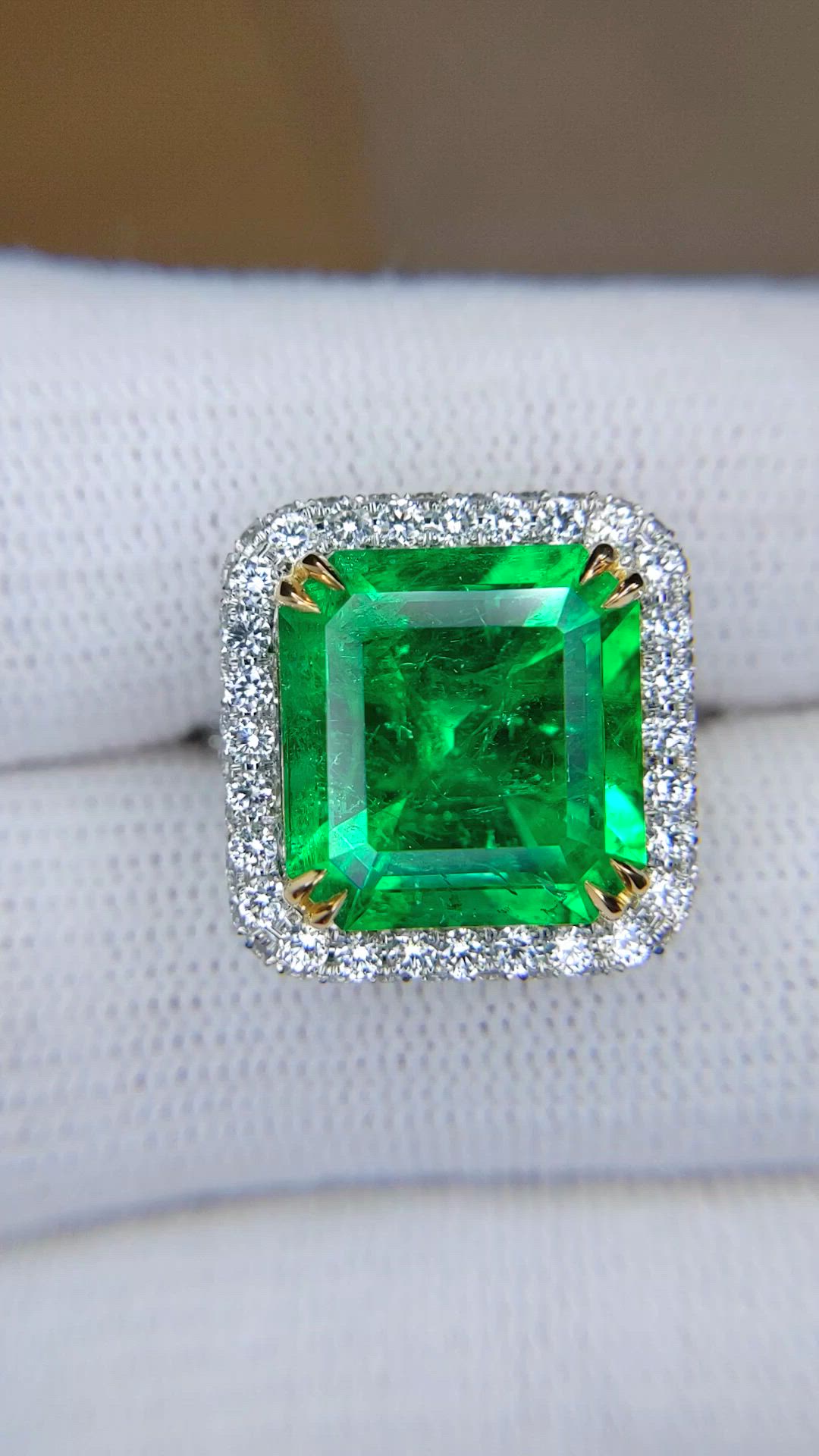 8.46 Ct. Emerald and Natural Diamond Pave Ring, Platinum & 18K Yellow Size Video