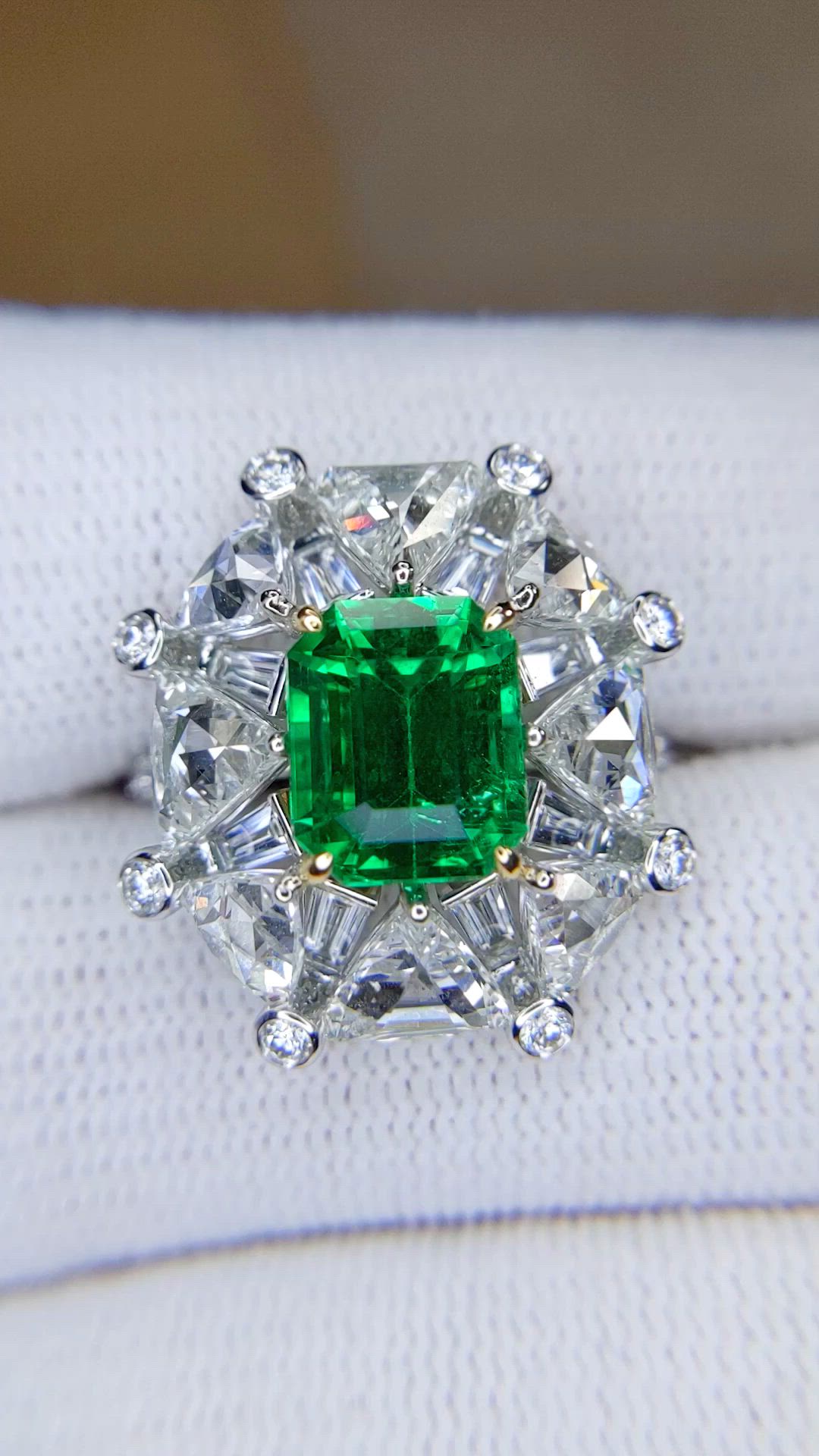 3.14 Ct. Emerald and Natural Diamond Halo Ring, Platinum & 18K Yellow Size Video