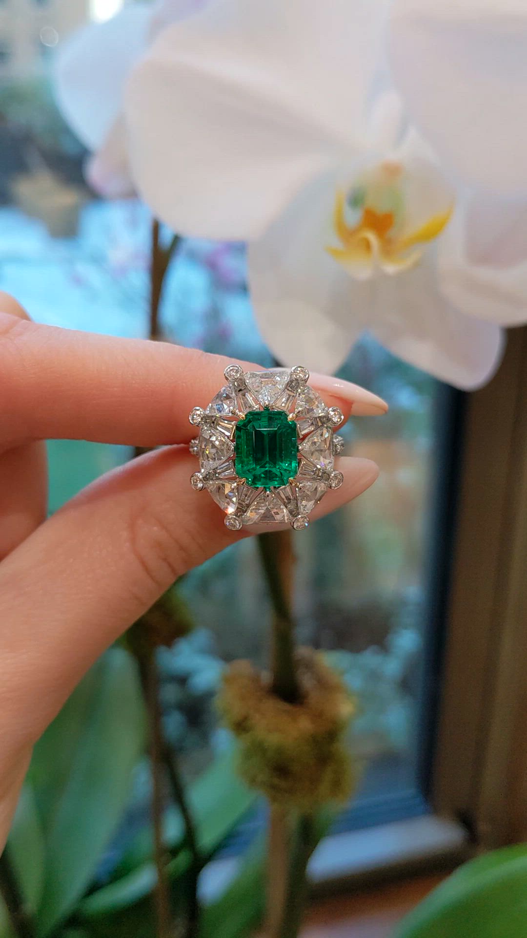 3.14 Ct. Emerald and Natural Diamond Halo Ring, Platinum & 18K Yellow Size Video