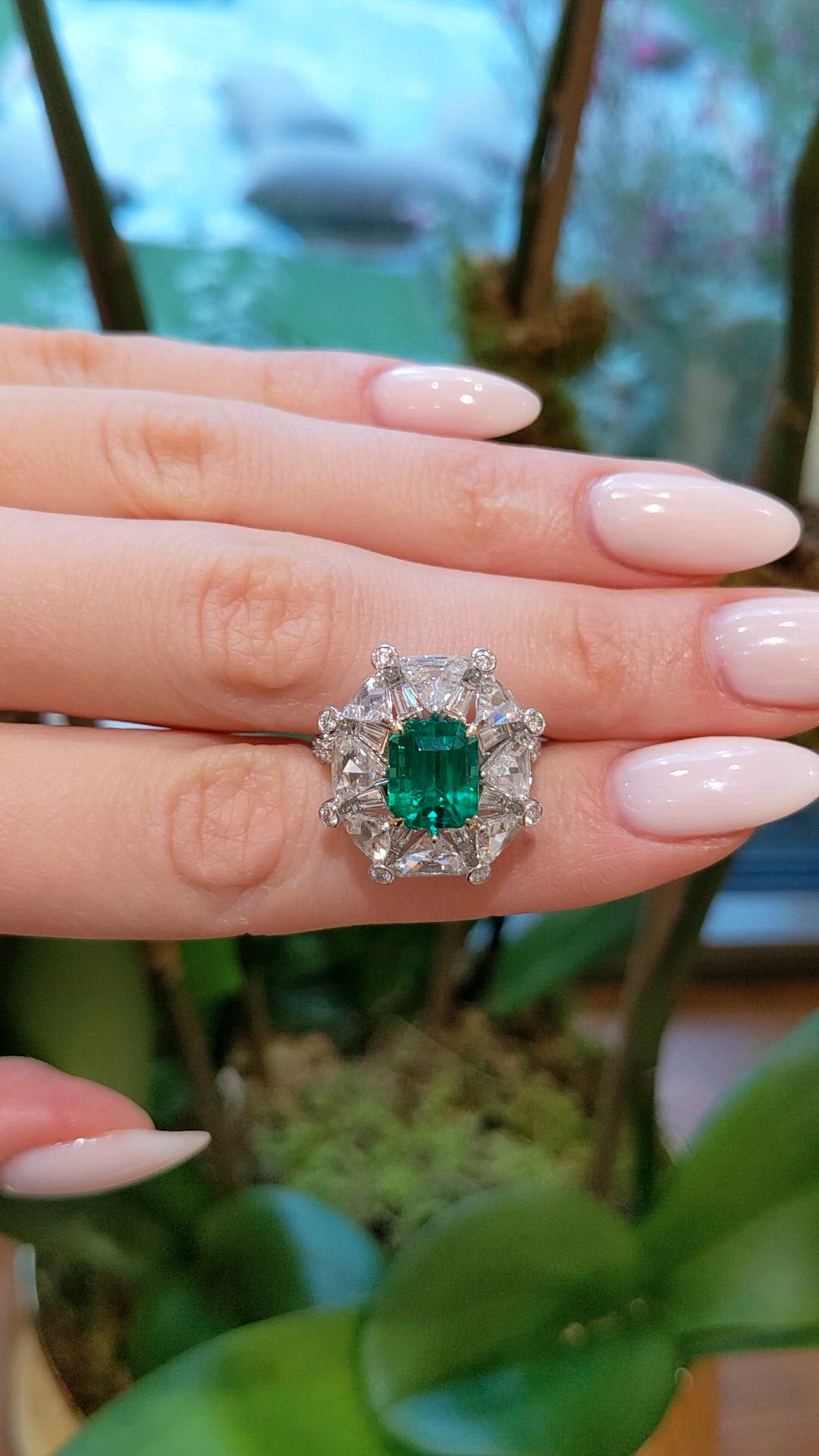 3.14 Ct. Emerald and Natural Diamond Halo Ring, Platinum & 18K Yellow Size Video