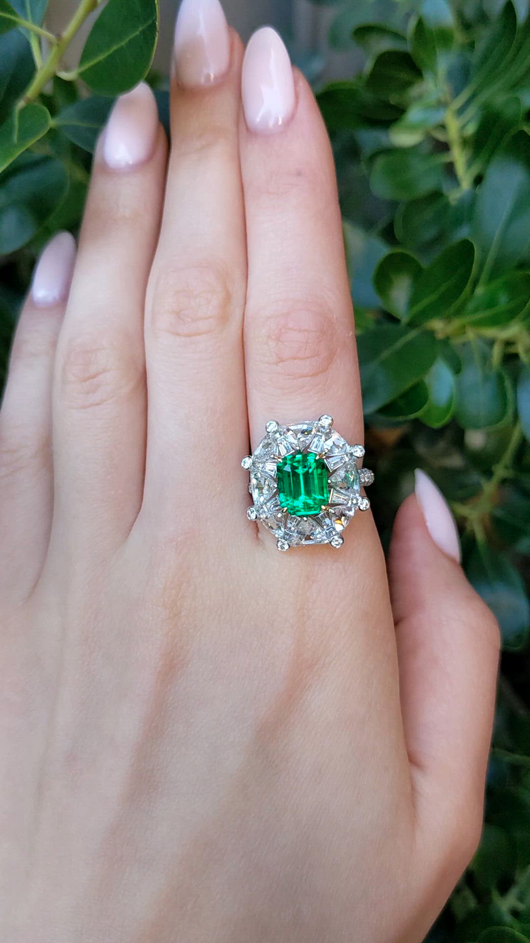 3.14 Ct. Emerald and Natural Diamond Halo Ring, Platinum & 18K Yellow Size Video