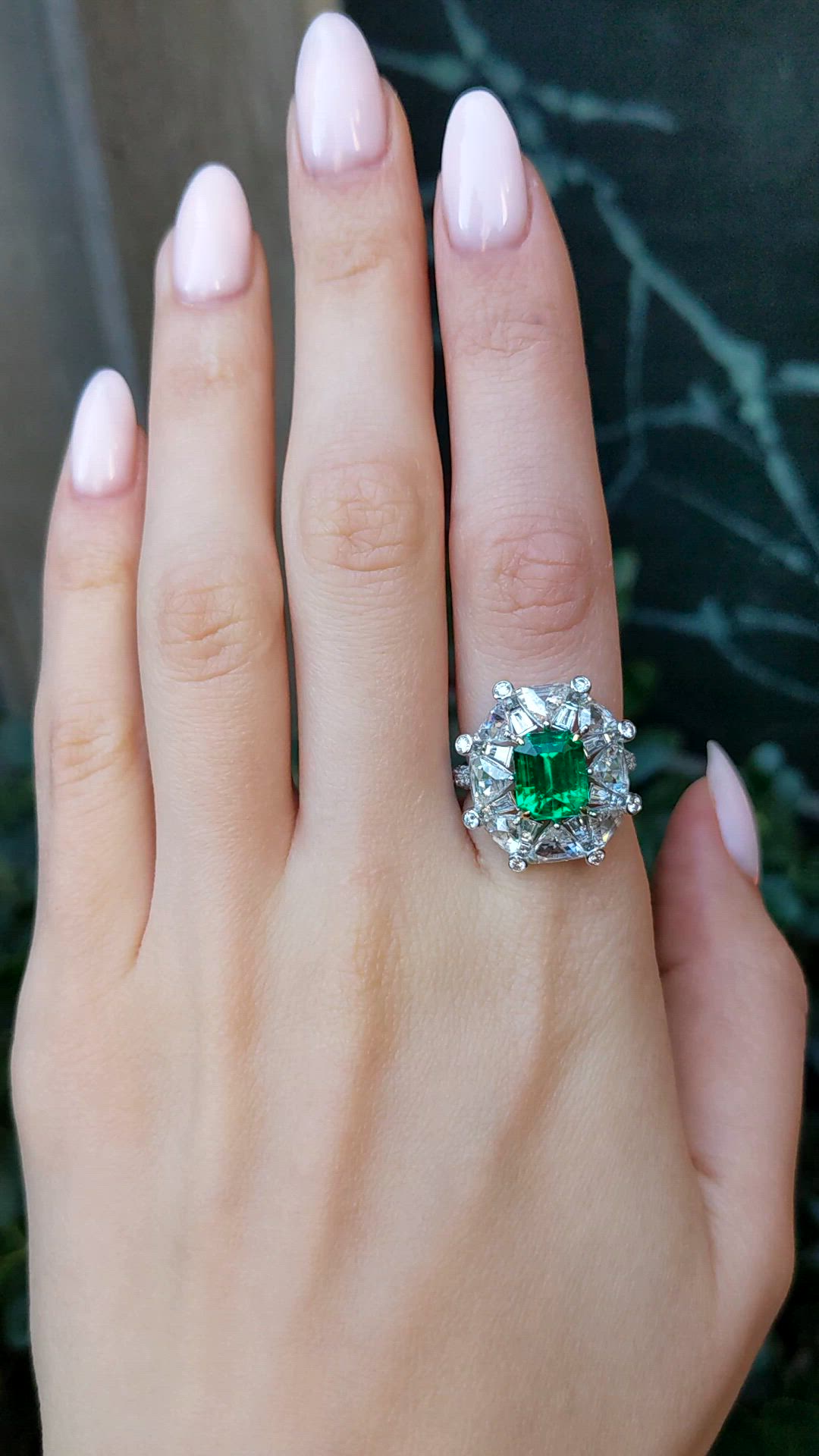 3.14 Ct. Emerald and Natural Diamond Halo Ring, Platinum & 18K Yellow Size Video