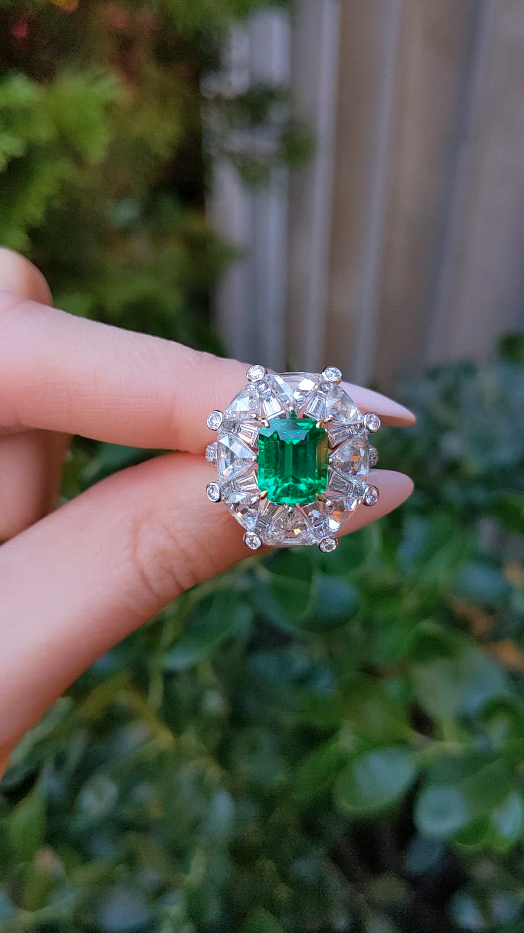 3.14 Ct. Emerald and Natural Diamond Halo Ring, Platinum & 18K Yellow Size Video
