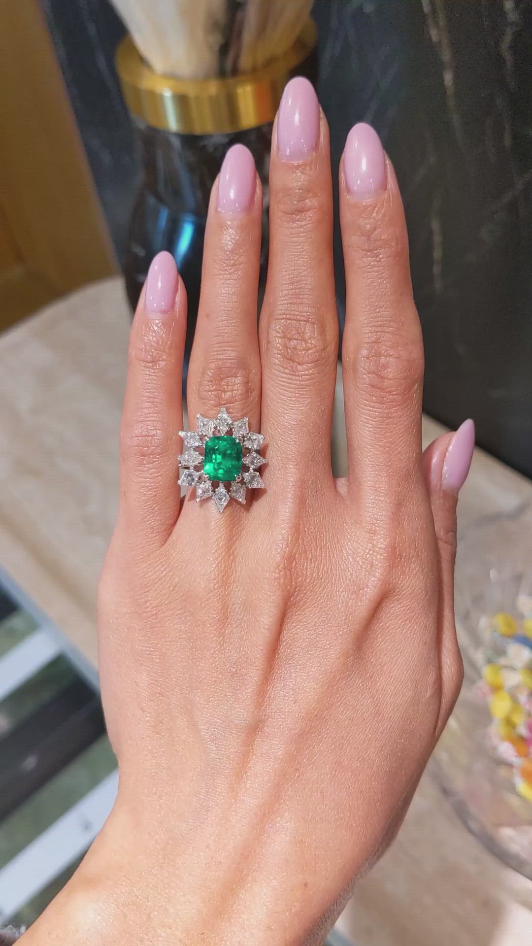 3.34 Ct. Emerald and Natural Diamond Pave Ring, Platinum 950 Size Video