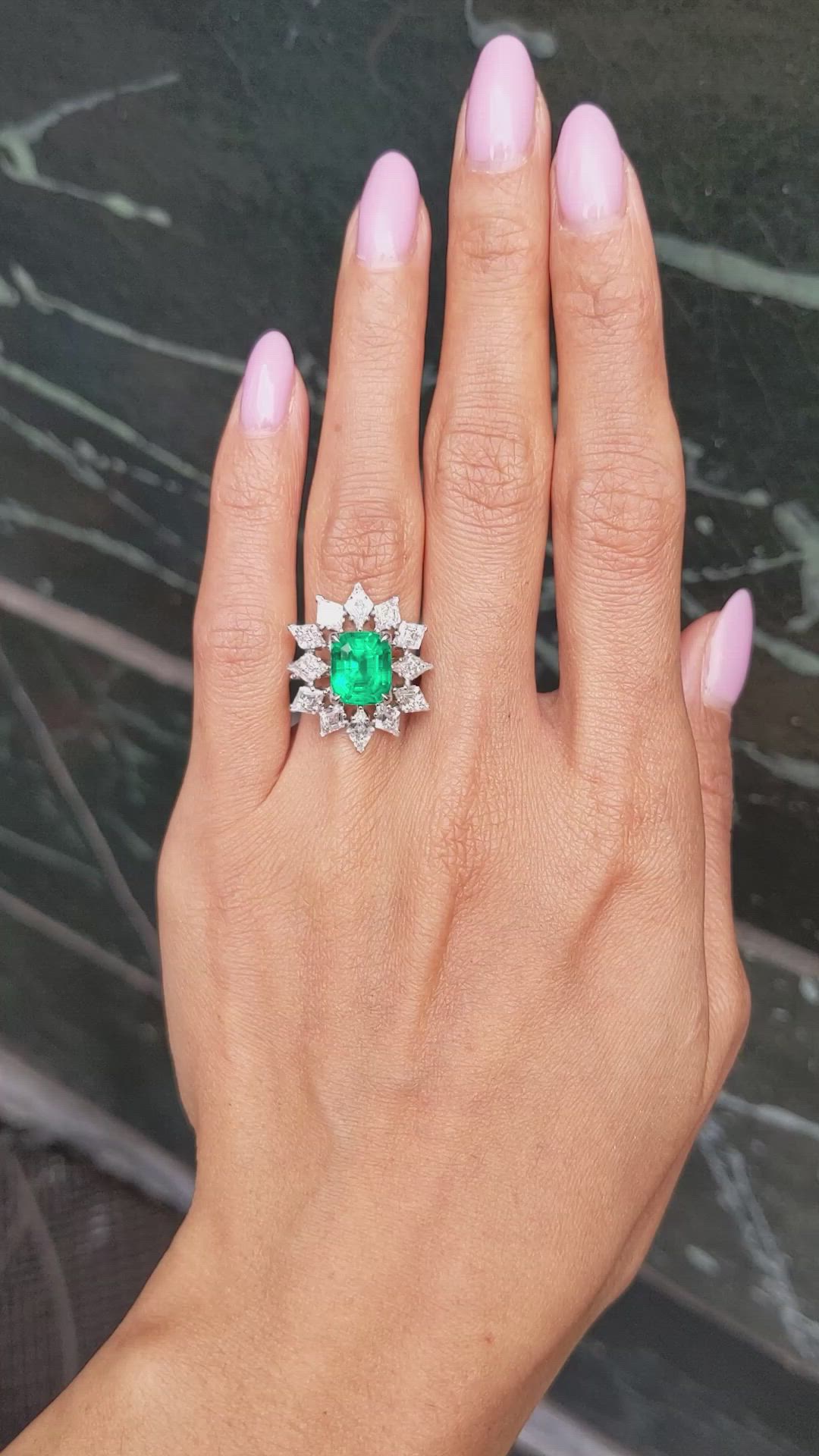 3.34 Ct. Emerald and Natural Diamond Pave Ring, Platinum 950 Size Video