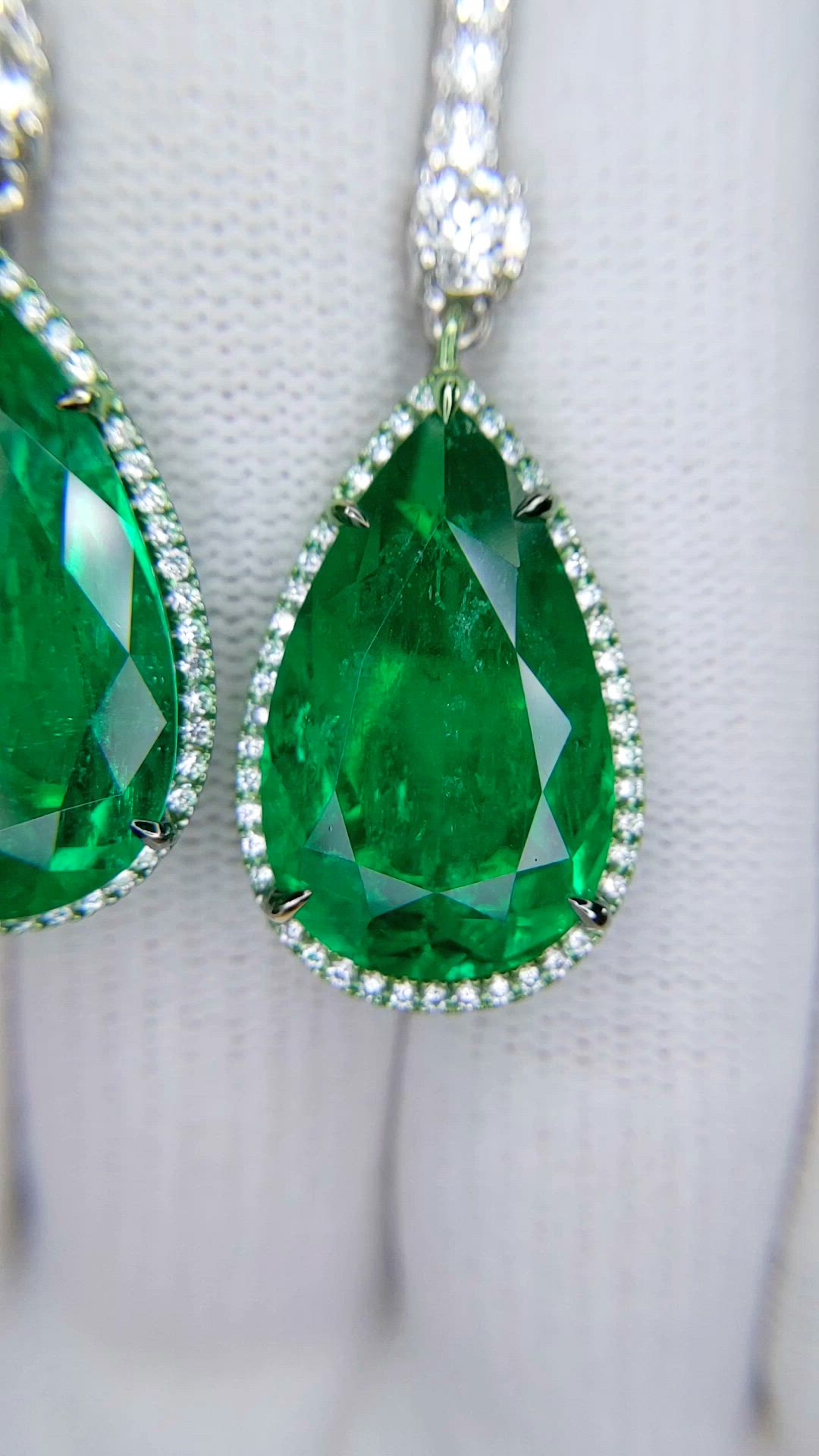 18.87 Ct.Tw.Total Carat Weight Emerald and Natural Diamond Pave Earrings, 18K White Gold Size Video