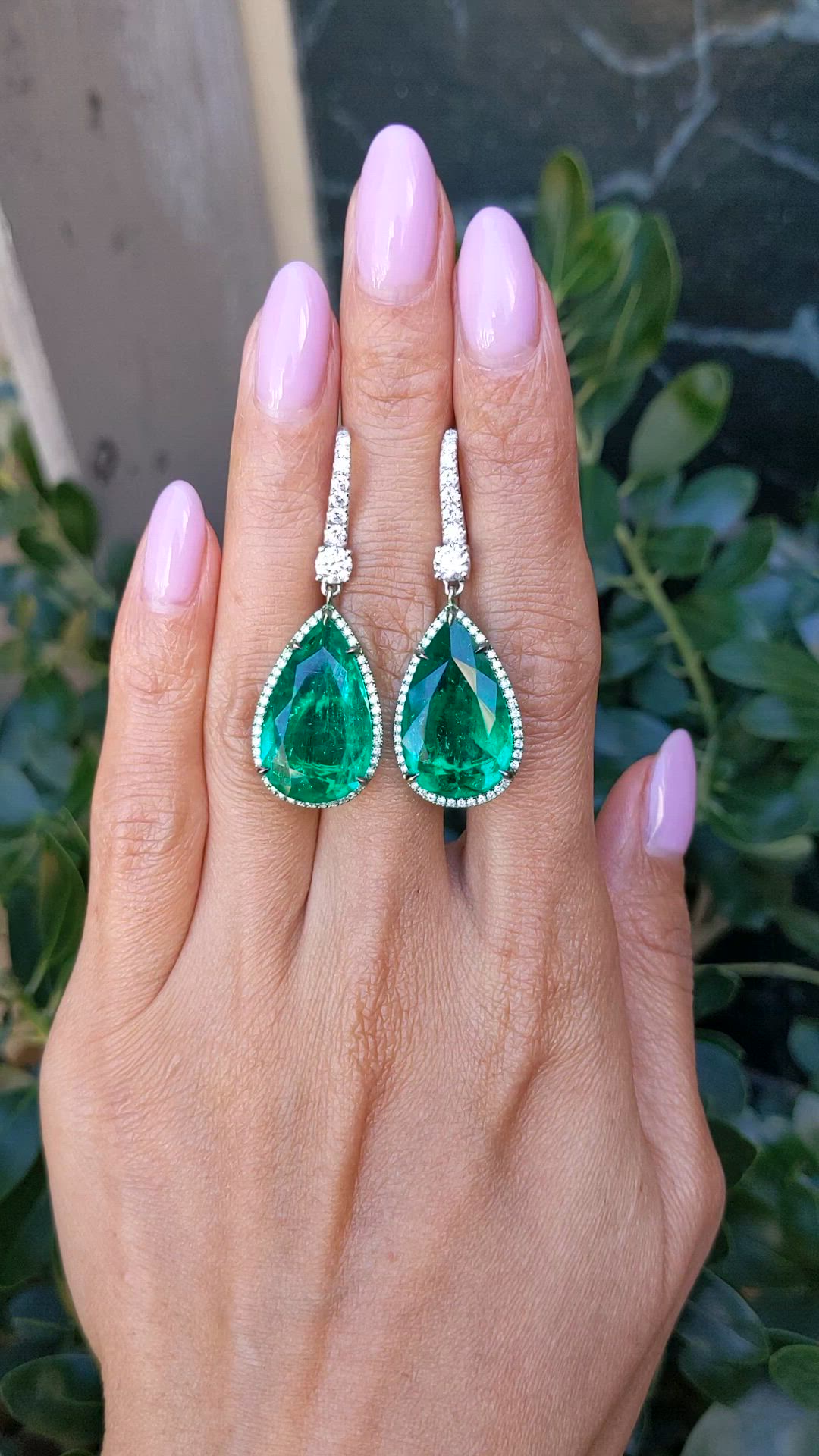 18.87 Ct.Tw.Total Carat Weight Emerald and Natural Diamond Pave Earrings, 18K White Gold Size Video