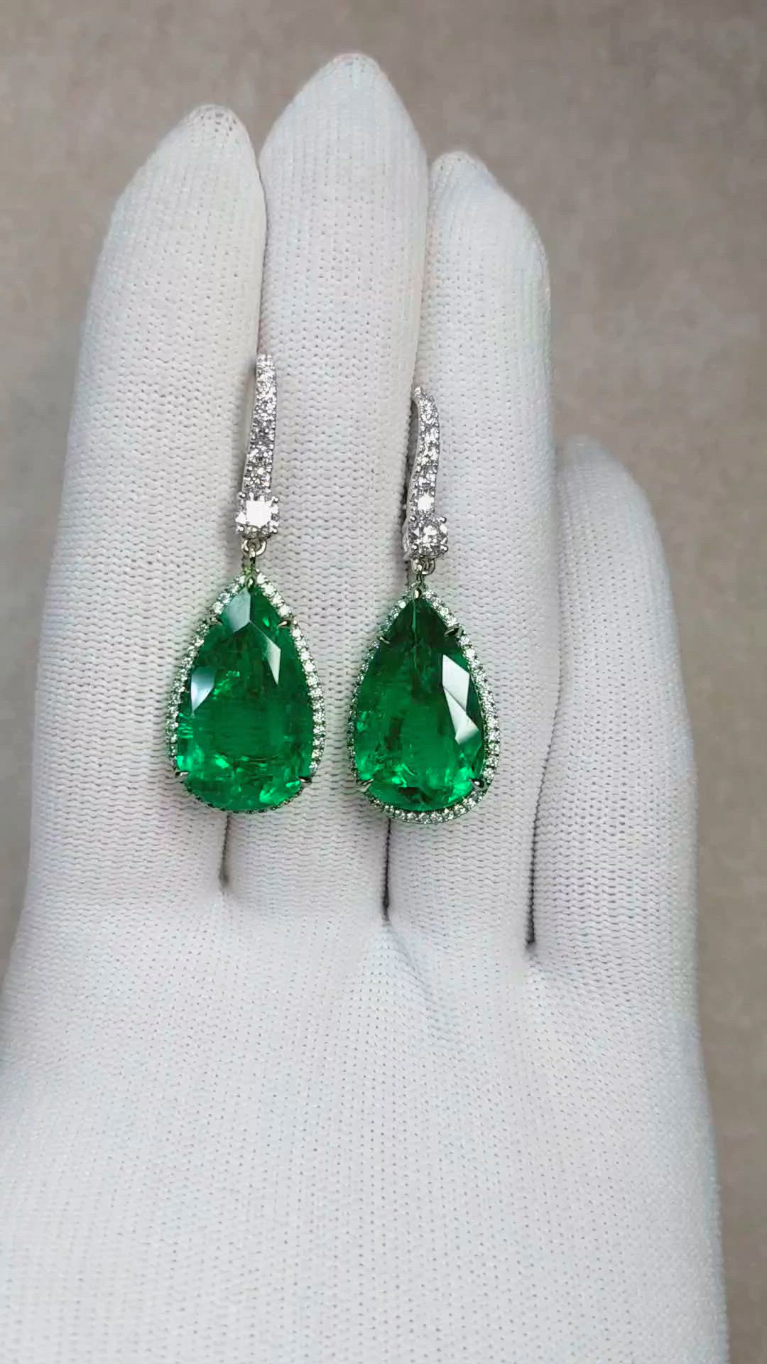 18.87 Ct.Tw.Total Carat Weight Emerald and Natural Diamond Pave Earrings, 18K White Gold Size Video