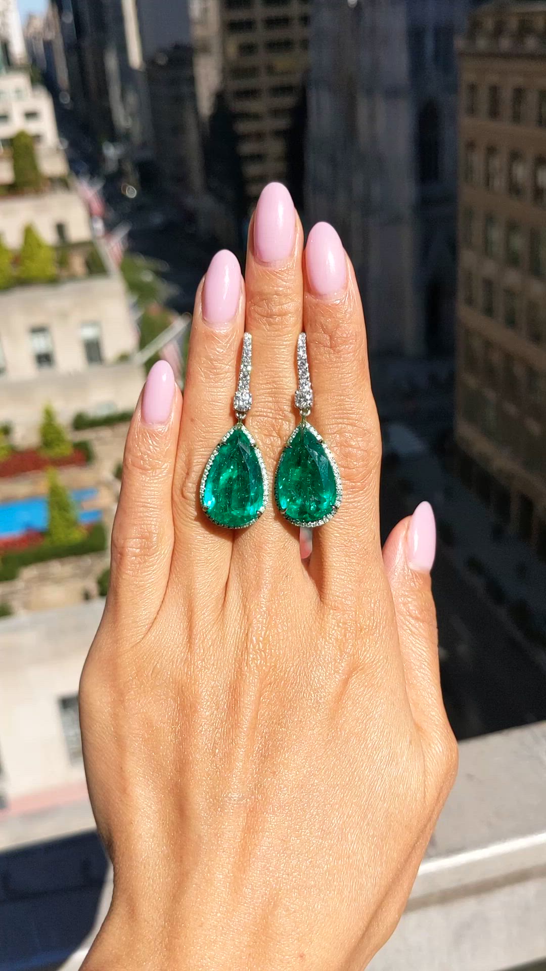 18.87 Ct.Tw.Total Carat Weight Emerald and Natural Diamond Pave Earrings, 18K White Gold Size Video