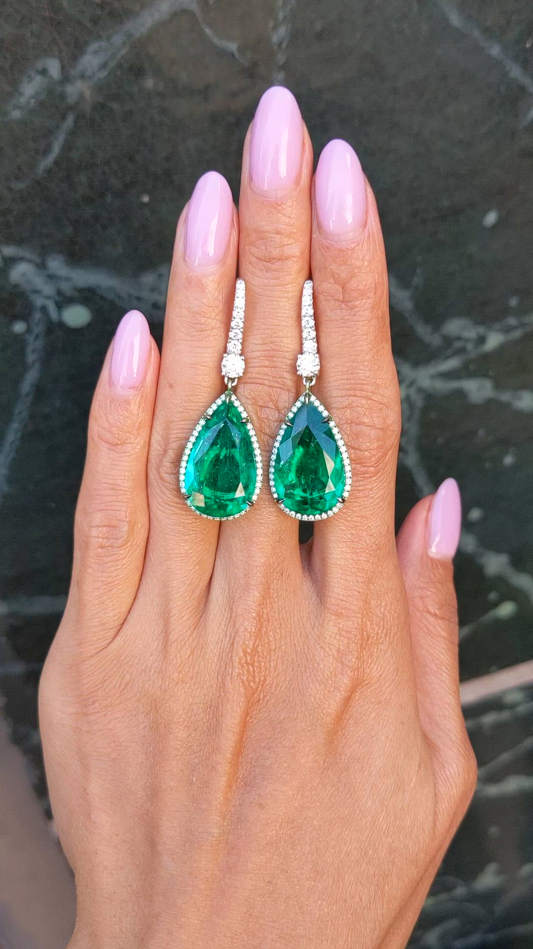 18.87 Ct.Tw.Total Carat Weight Emerald and Natural Diamond Pave Earrings, 18K White Gold Size Video