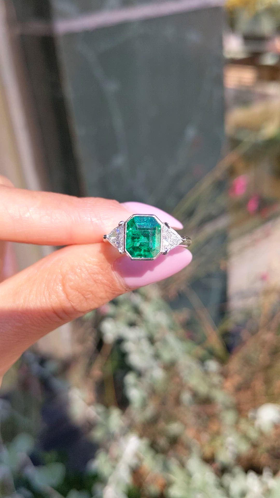 2.14 Ct. Emerald and Natural Diamond Three Stone Ring, Platinum 950 Size Video