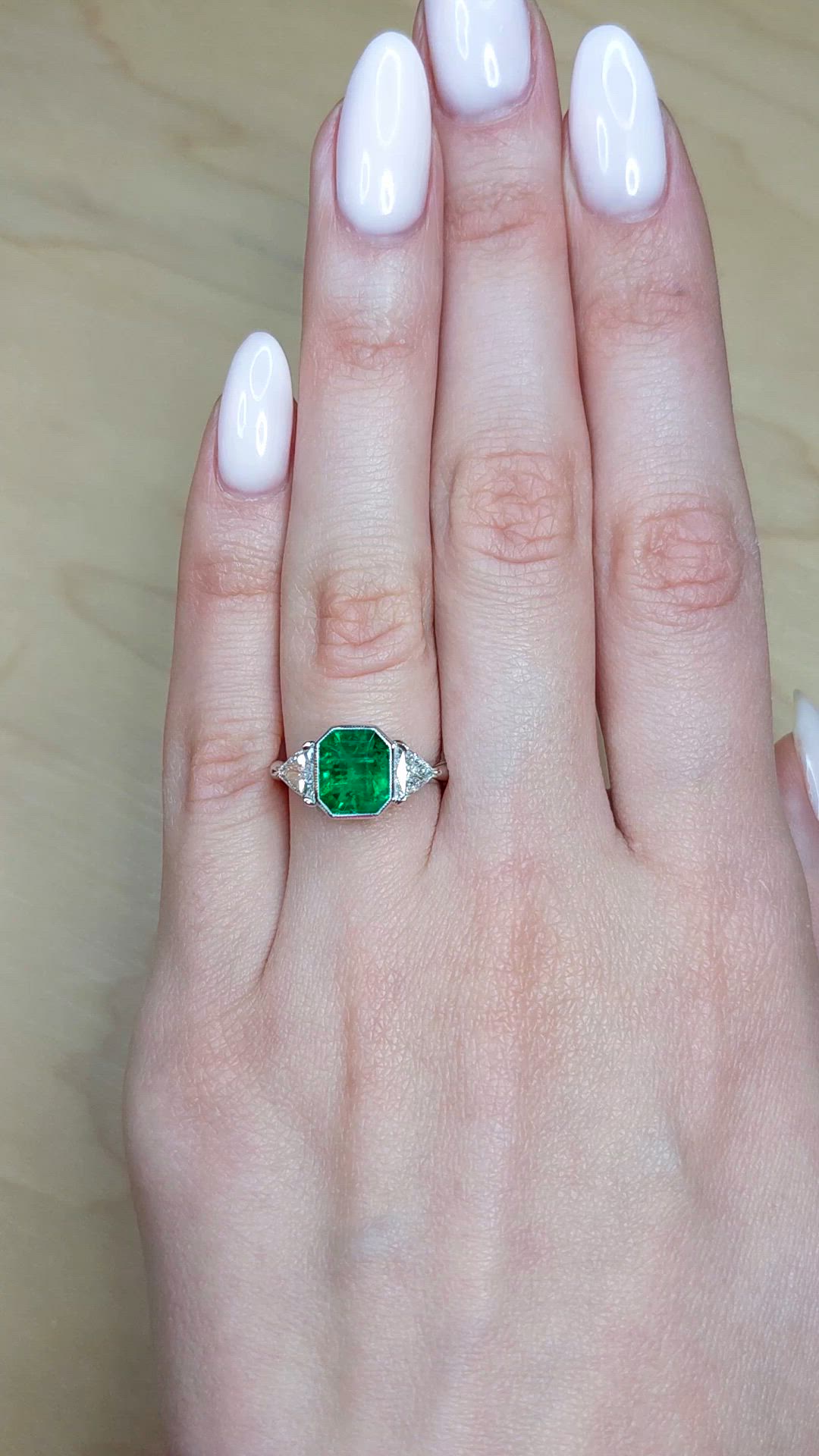 2.14 Ct. Emerald and Natural Diamond Three Stone Ring, Platinum 950 Size Video