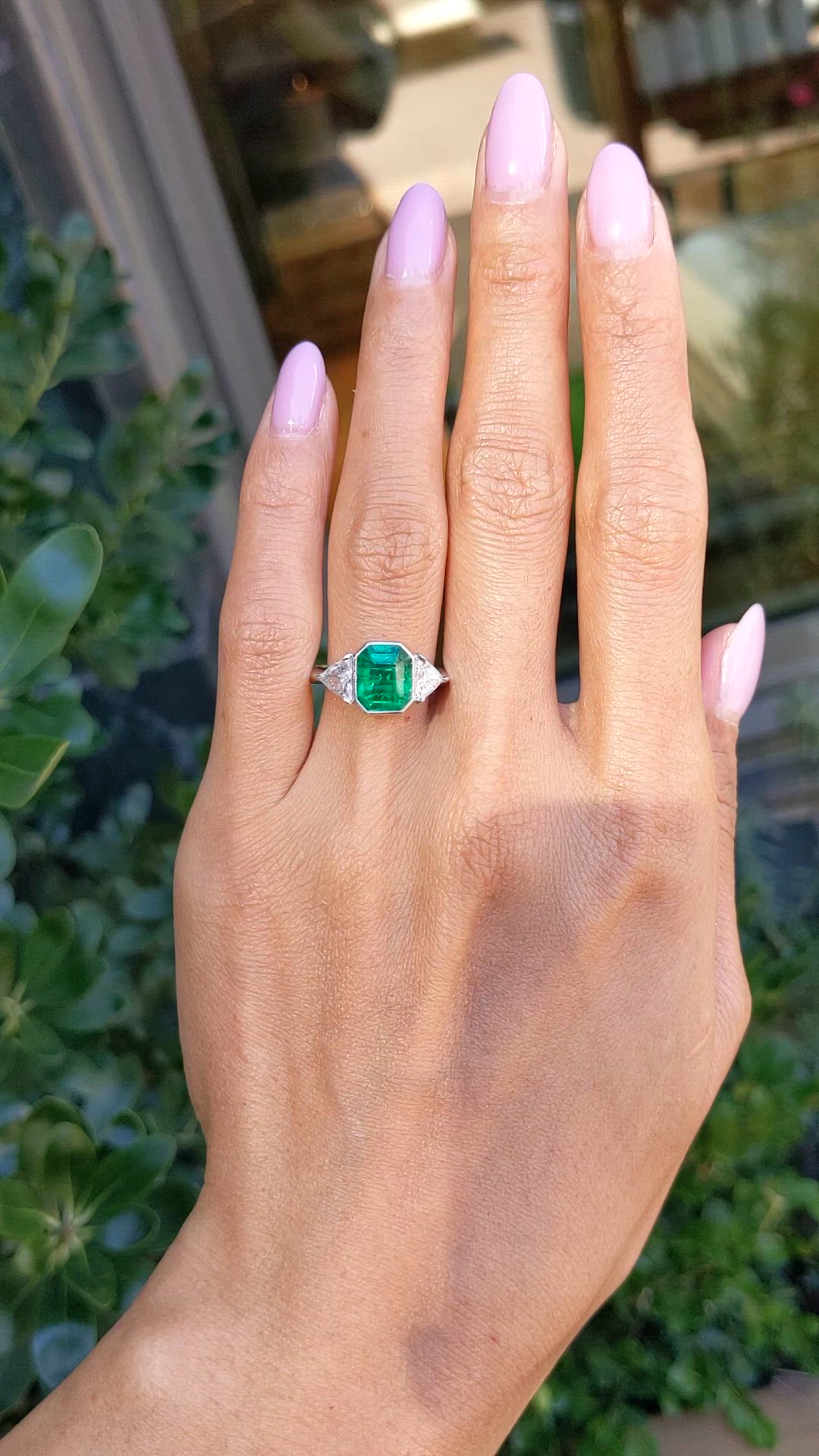 2.14 Ct. Emerald and Natural Diamond Three Stone Ring, Platinum 950 Size Video