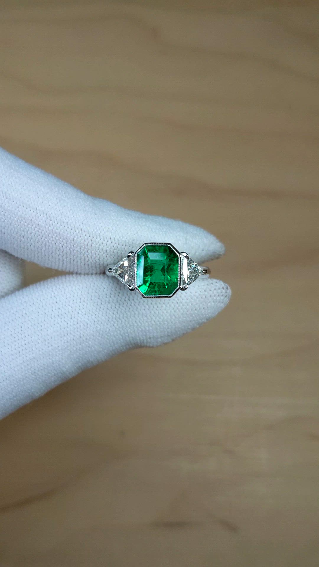 2.14 Ct. Emerald and Natural Diamond Three Stone Ring, Platinum 950 Size Video