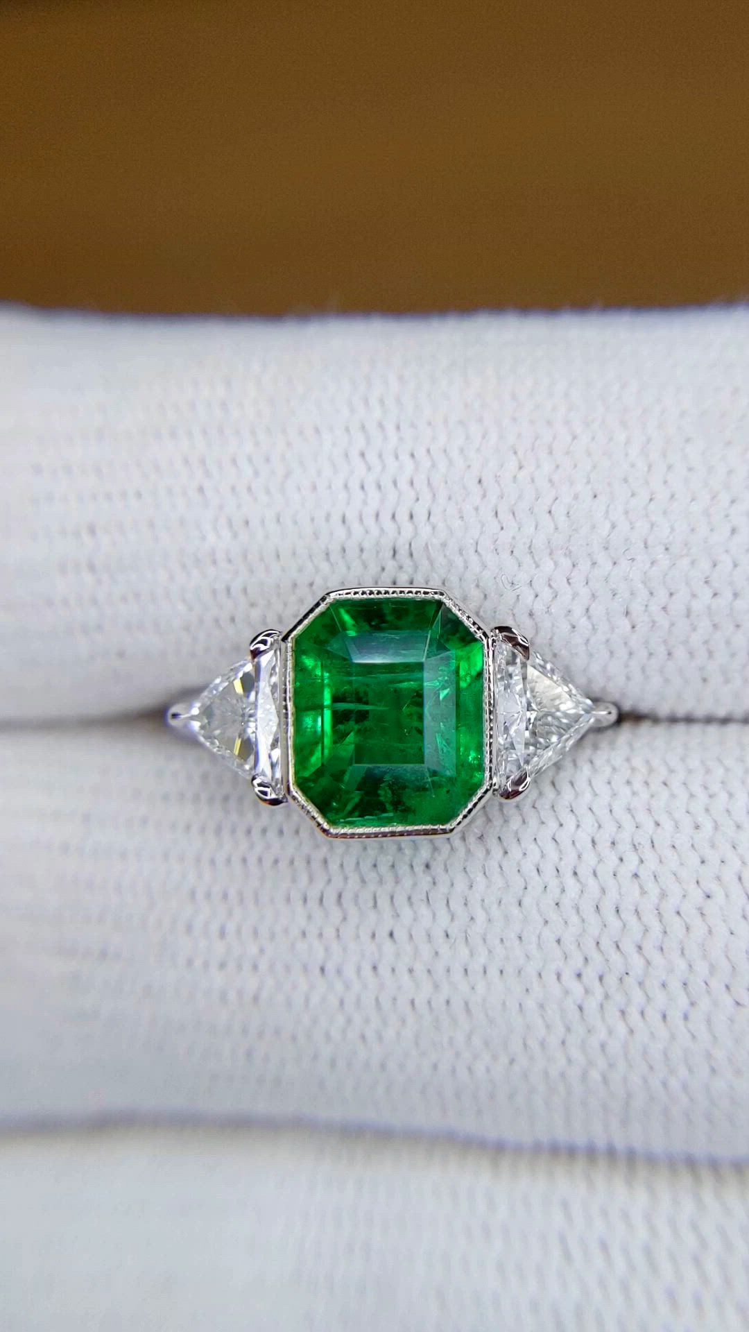 2.14 Ct. Emerald and Natural Diamond Three Stone Ring, Platinum 950 Size Video