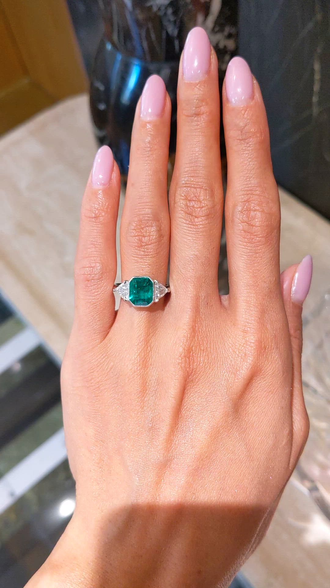 2.14 Ct. Emerald and Natural Diamond Three Stone Ring, Platinum 950 Size Video