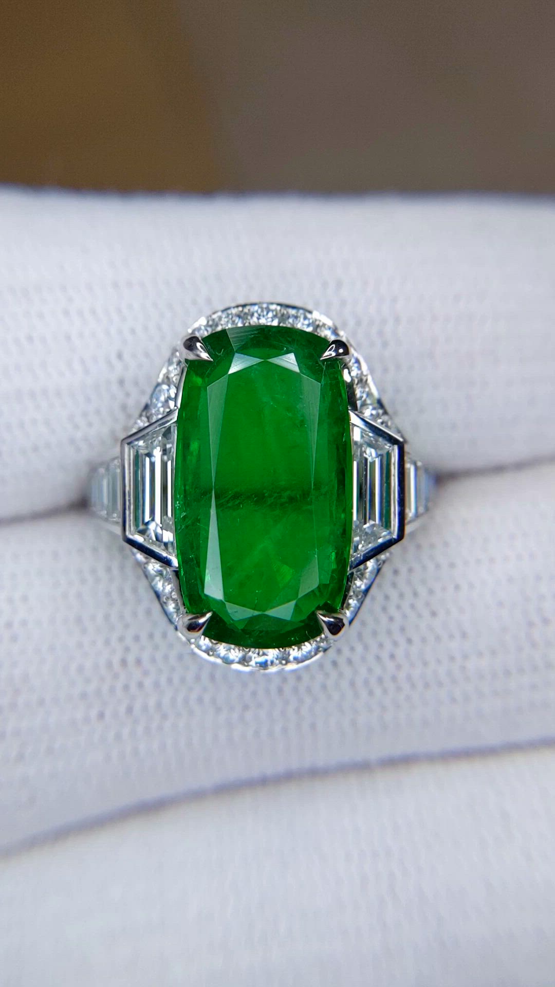 6.16 Ct. Emerald and Natural Diamond Halo Ring, Platinum 950 Size Video