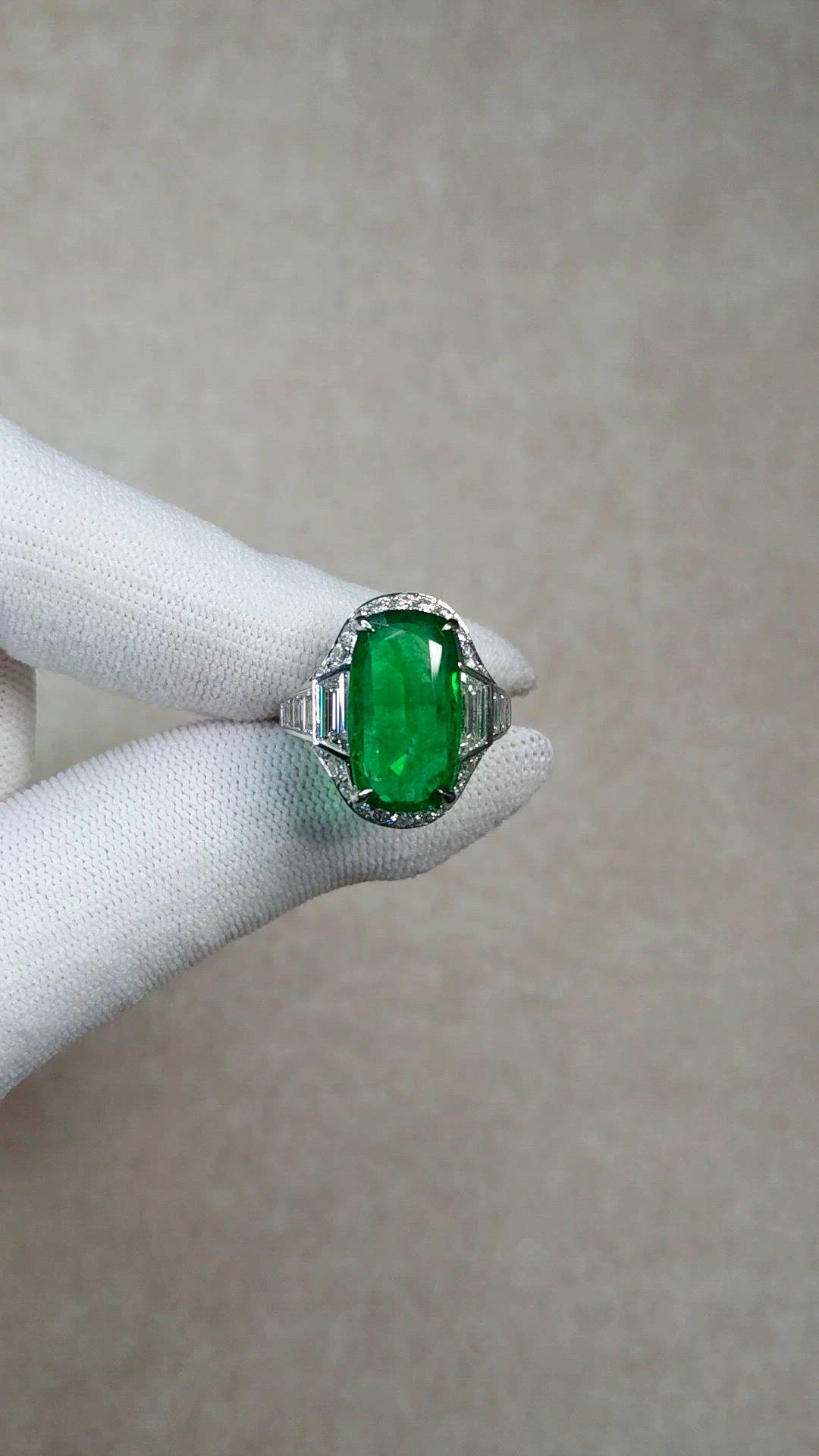 6.16 Ct. Emerald and Natural Diamond Halo Ring, Platinum 950 Size Video