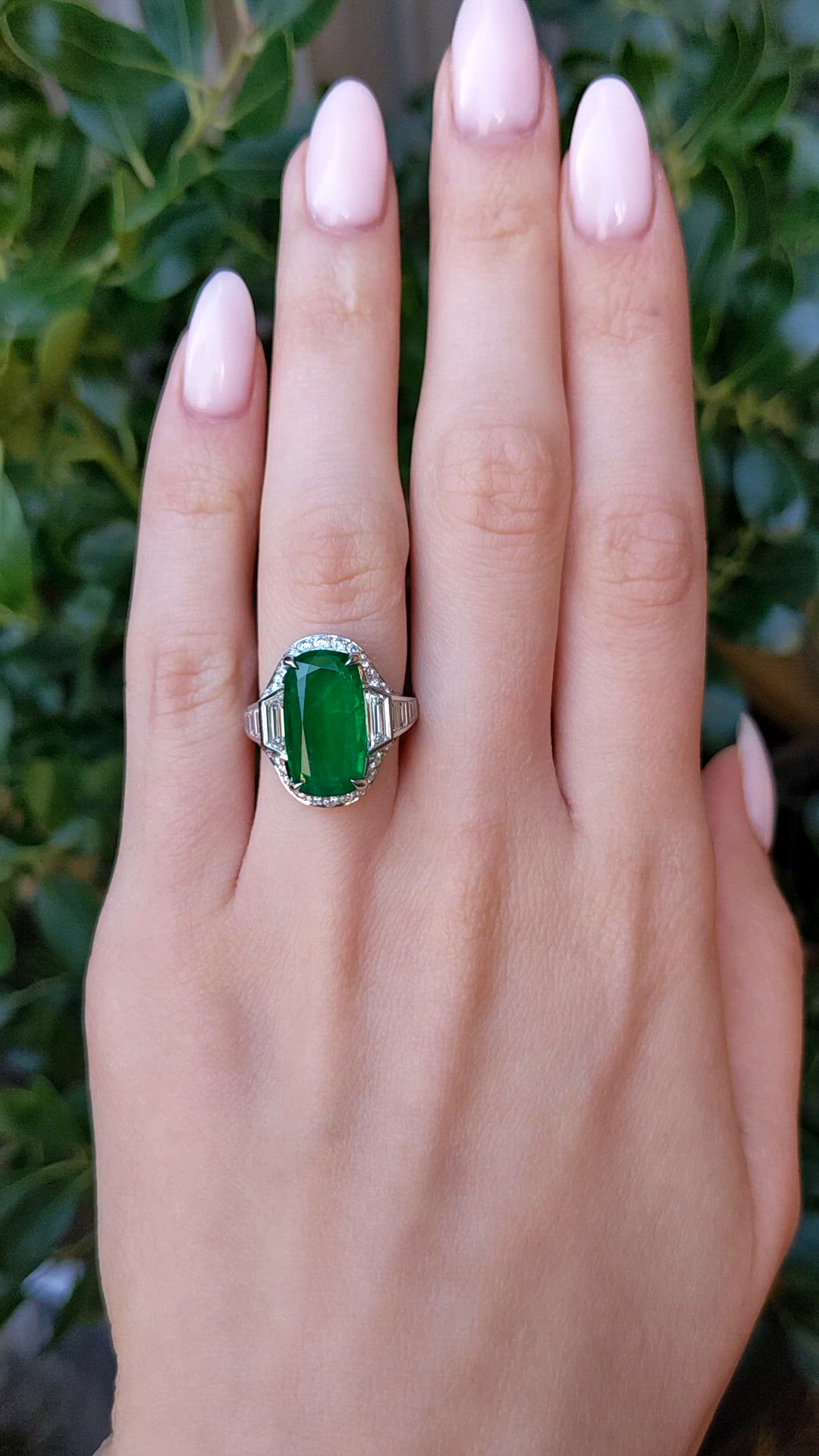 6.16 Ct. Emerald and Natural Diamond Halo Ring, Platinum 950 Size Video