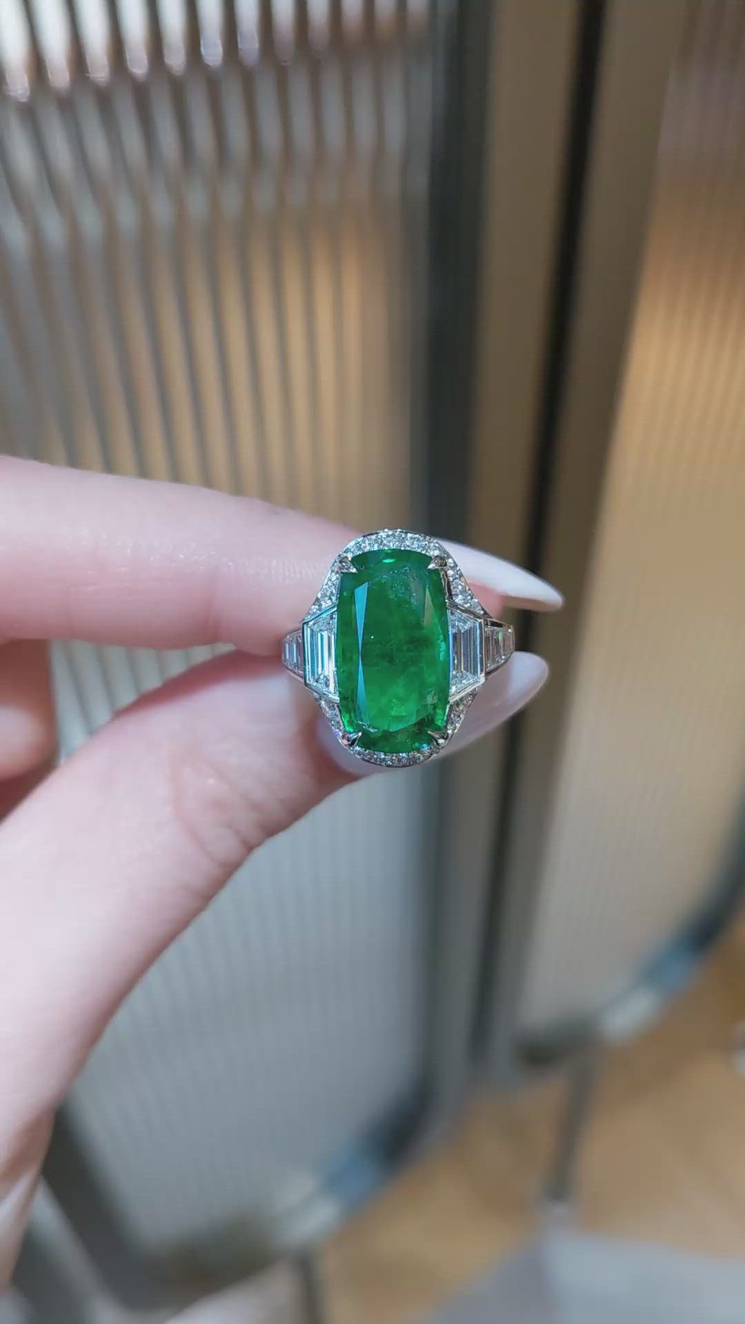 6.16 Ct. Emerald and Natural Diamond Halo Ring, Platinum 950 Size Video