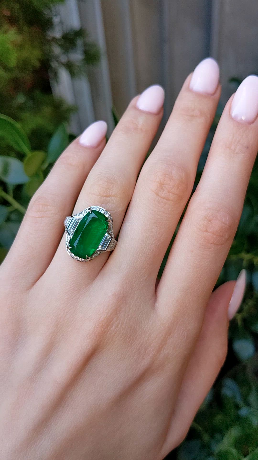 6.16 Ct. Emerald and Natural Diamond Halo Ring, Platinum 950 Size Video