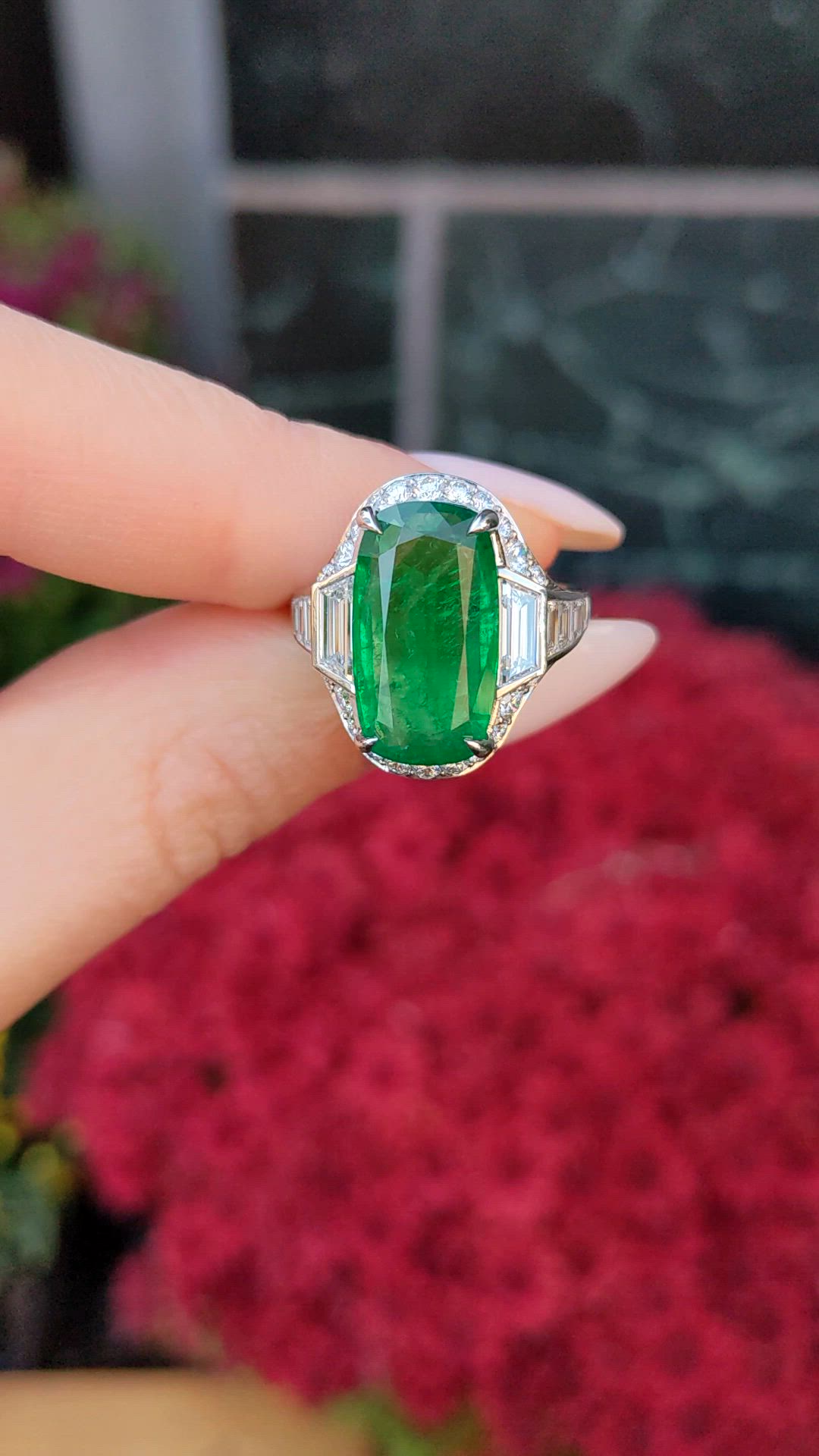 6.16 Ct. Emerald and Natural Diamond Halo Ring, Platinum 950 Size Video