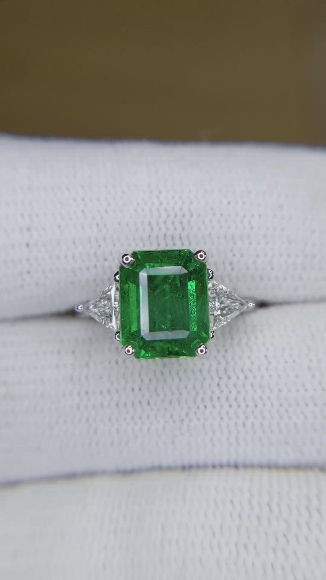 3.17 Ct. Emerald and Natural Diamond Three Stone Ring, 18K White Gold Size Video