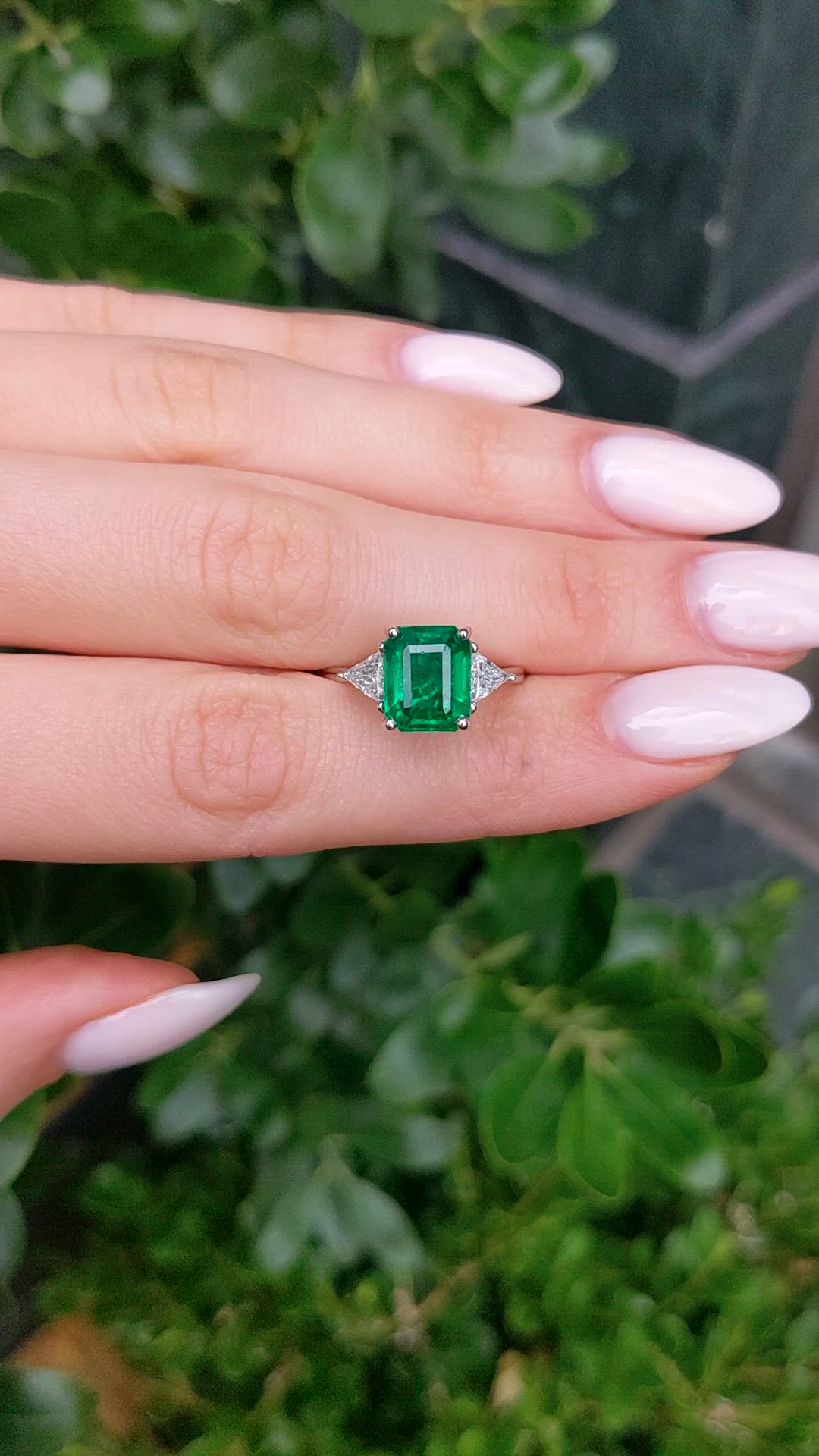 3.17 Ct. Emerald and Natural Diamond Three Stone Ring, 18K White Gold Size Video
