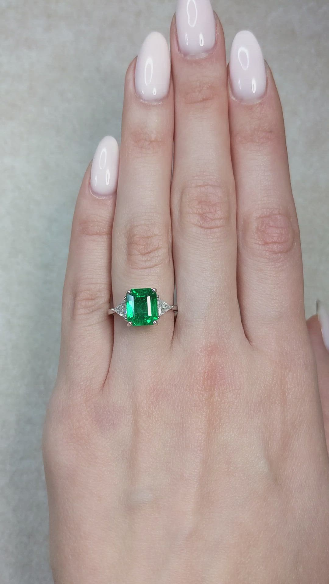3.17 Ct. Emerald and Natural Diamond Three Stone Ring, 18K White Gold Size Video